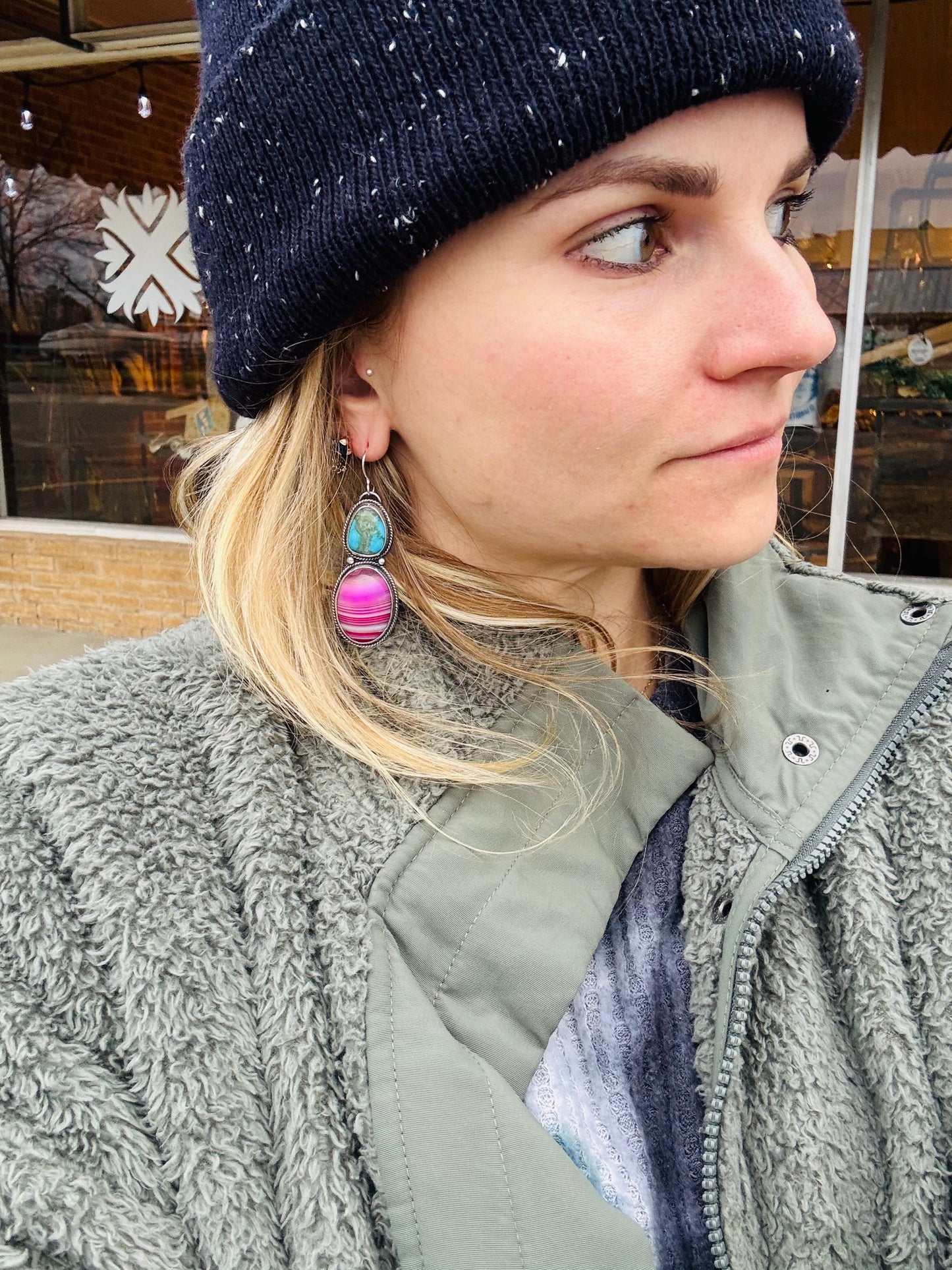 Pink agate and turquoise earrings