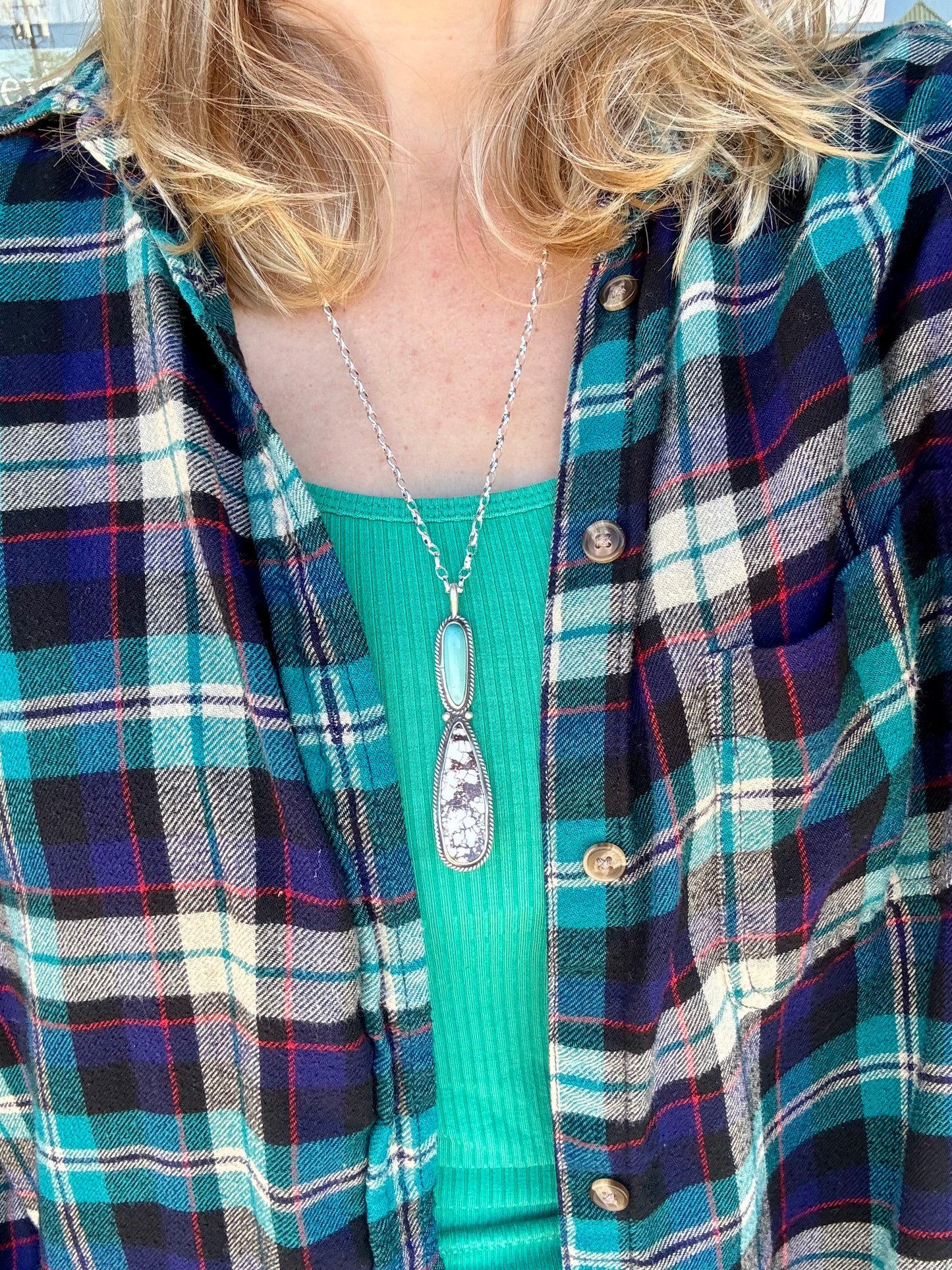Elongated Turquoise and Wild Horse Magnesite Pendant