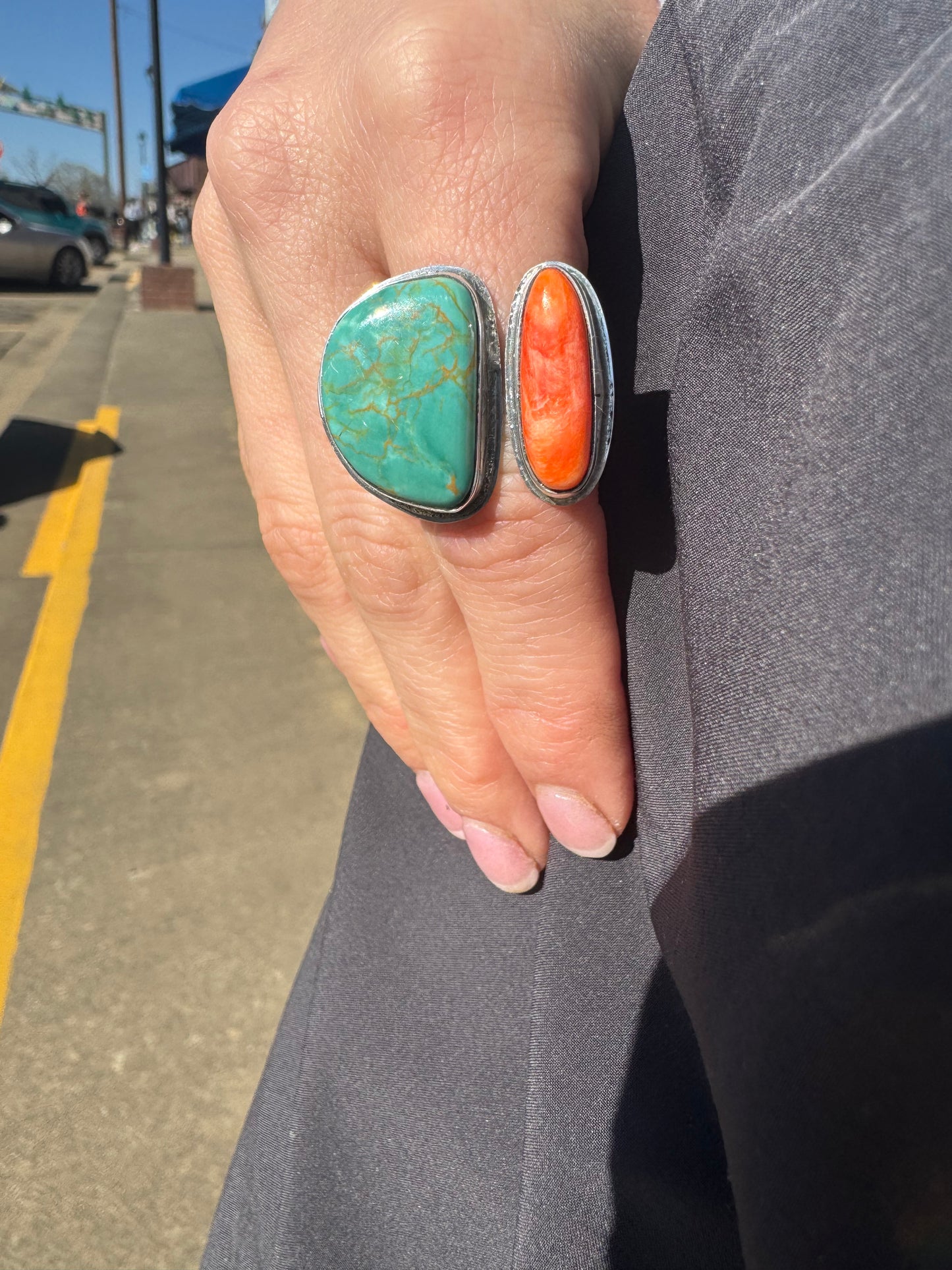 Adjustable Turquoise and Spiny Oyster shell Ring