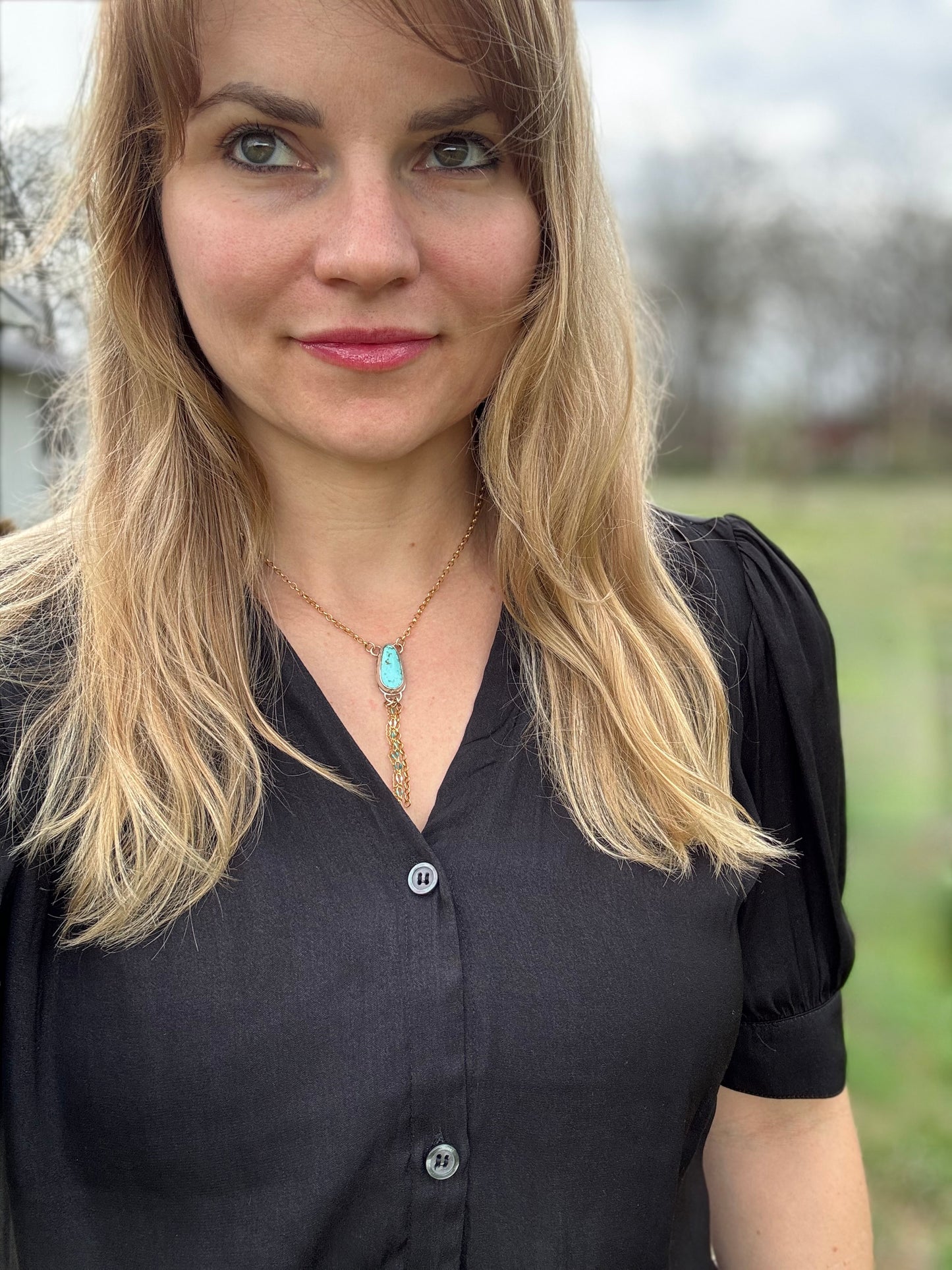Yellow Gold Fill and sterling silver Turquoise Lariat Necklace