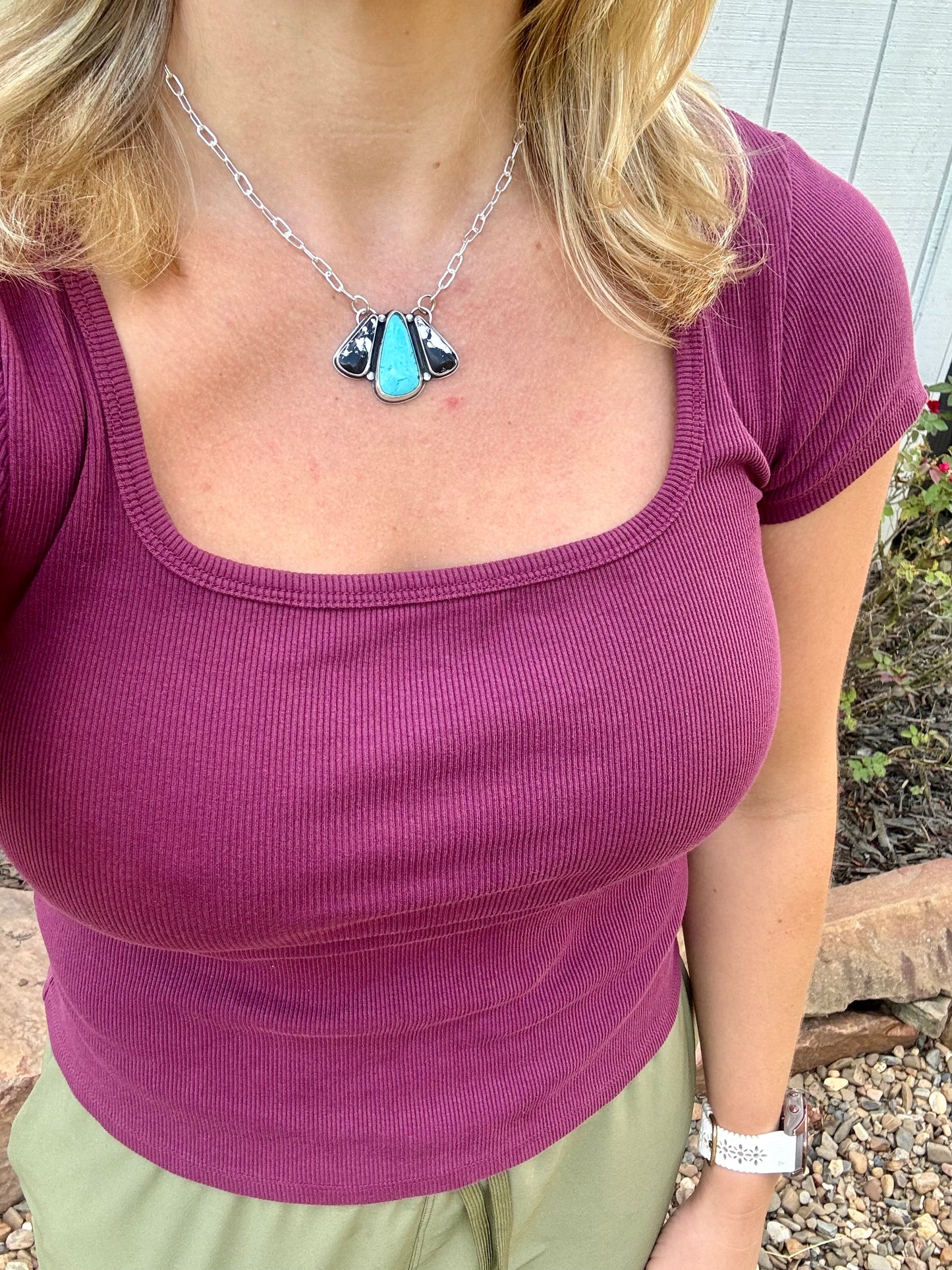 White buffalo and turquoise bib necklace