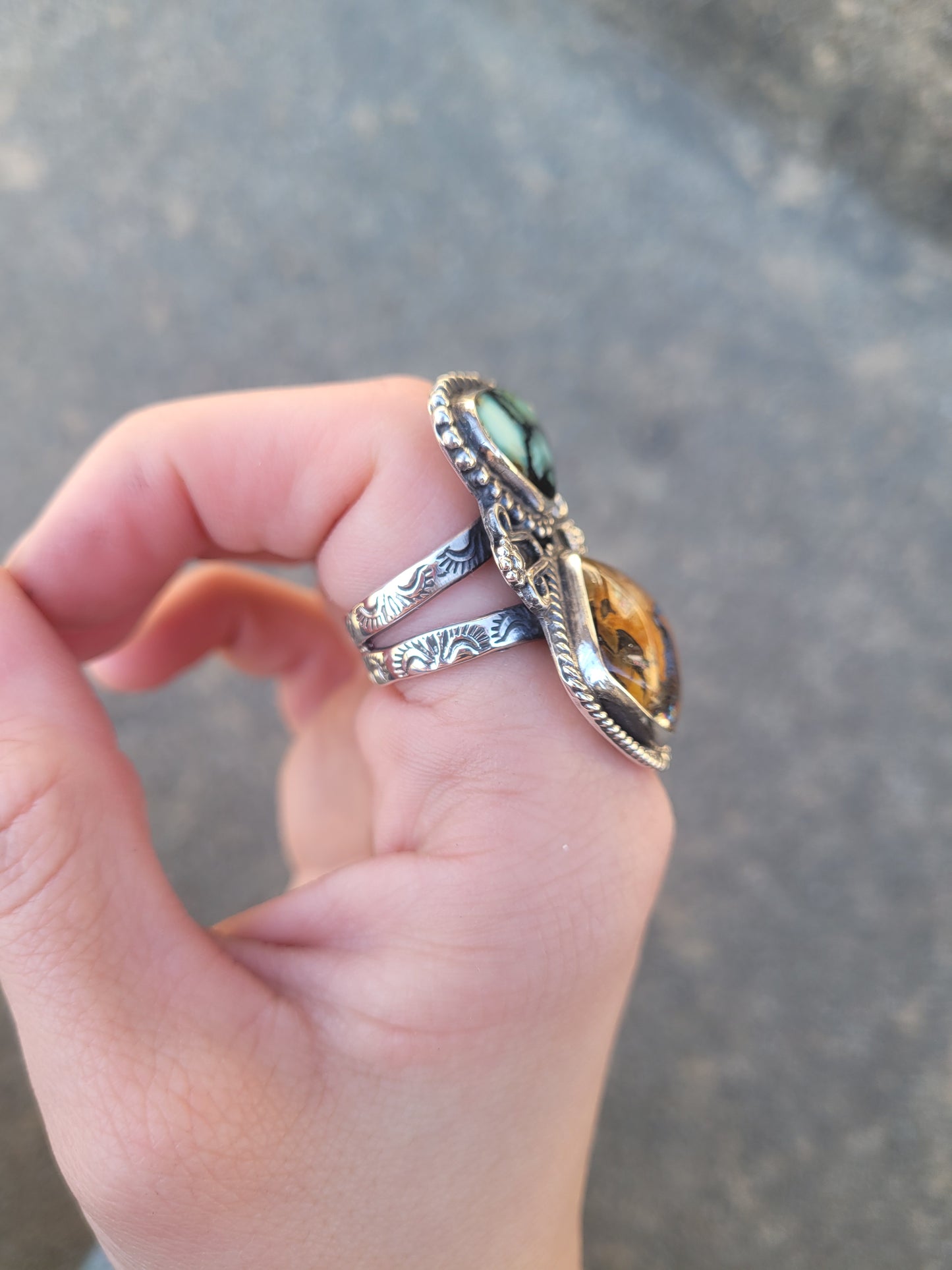 Dendritic Quartz and Variscite ring size 6.5