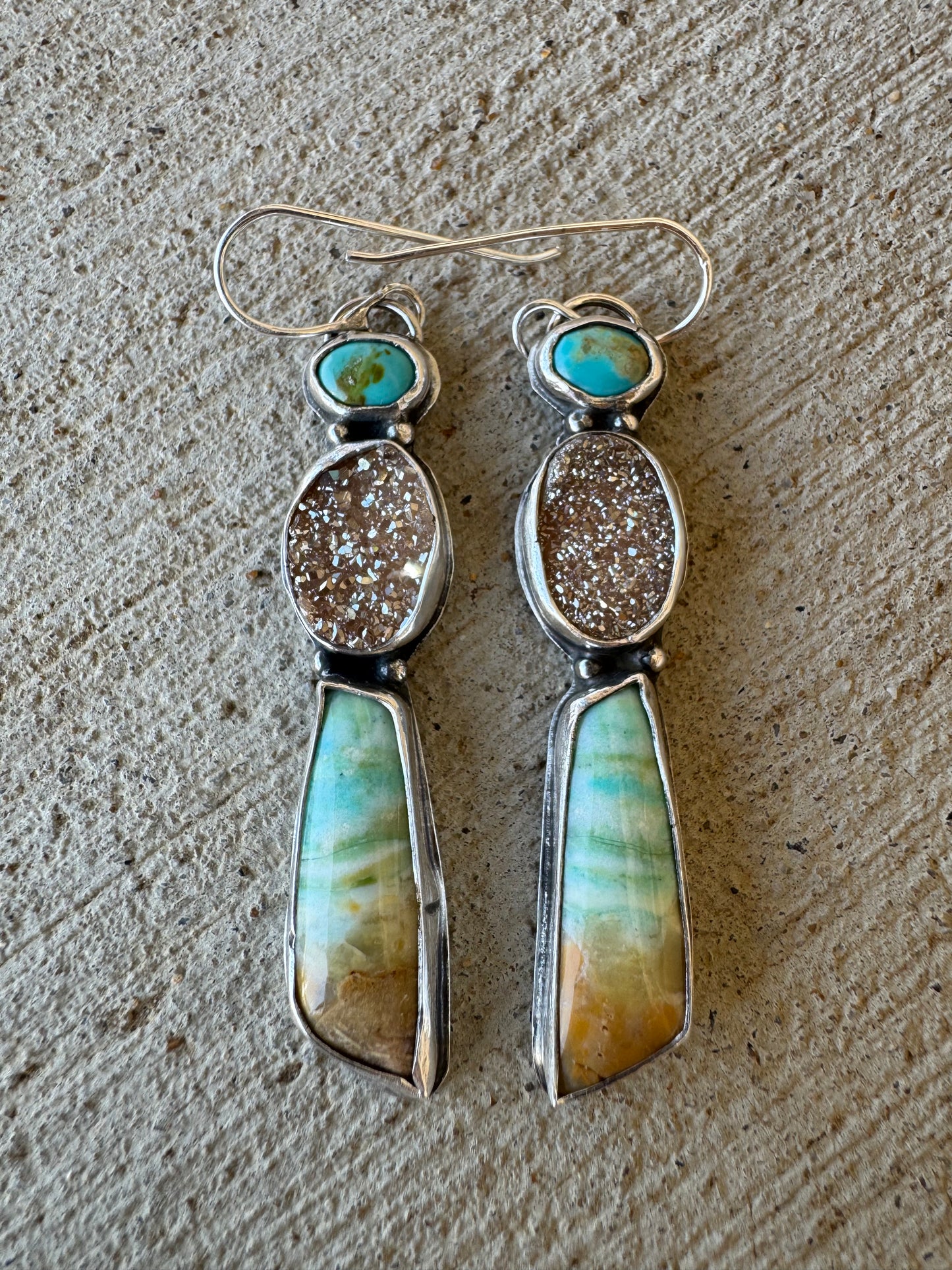 Blue opal wood and Drusy and turquoise earrings