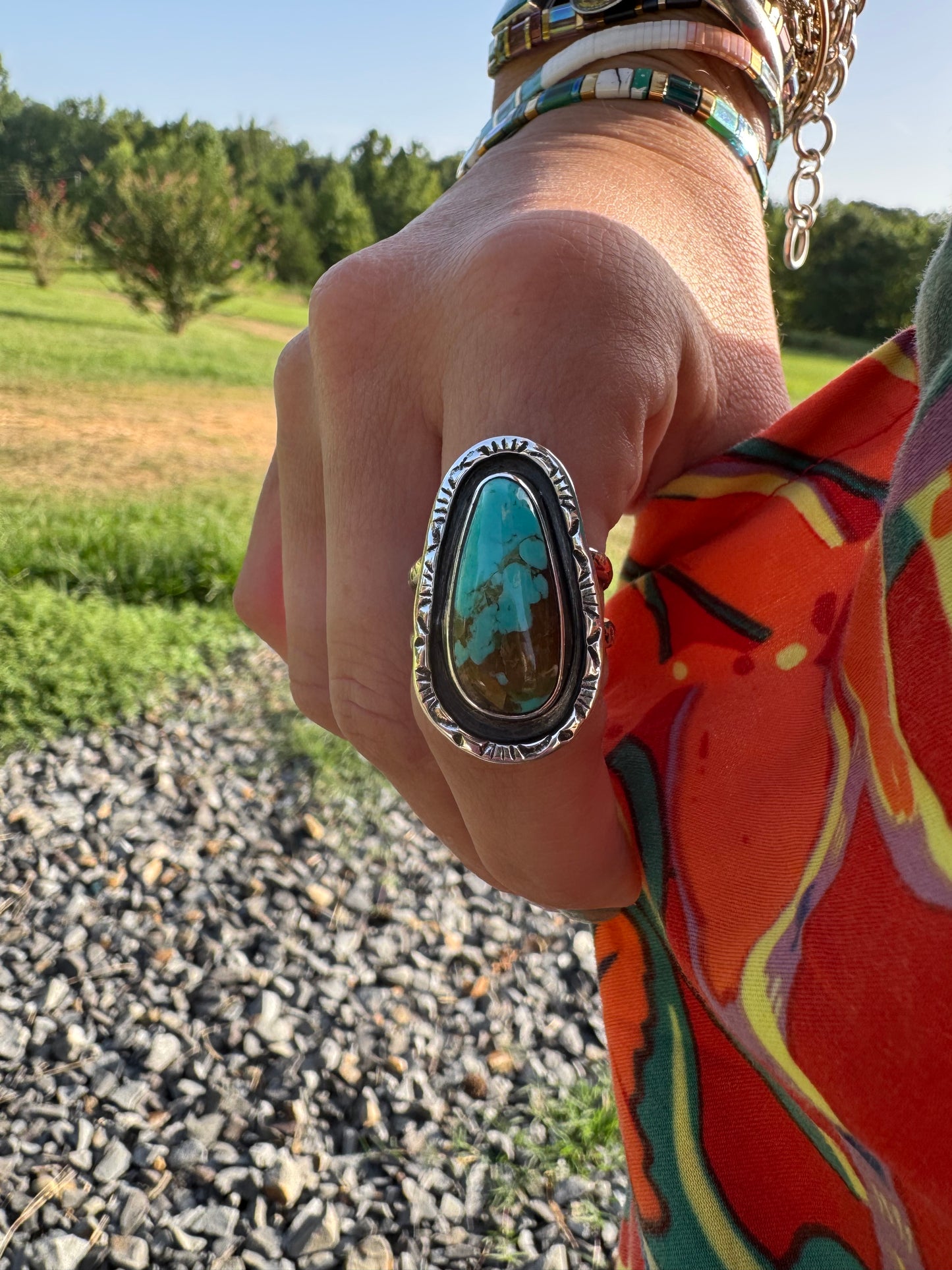 Hand stamped turquoise ring size 8