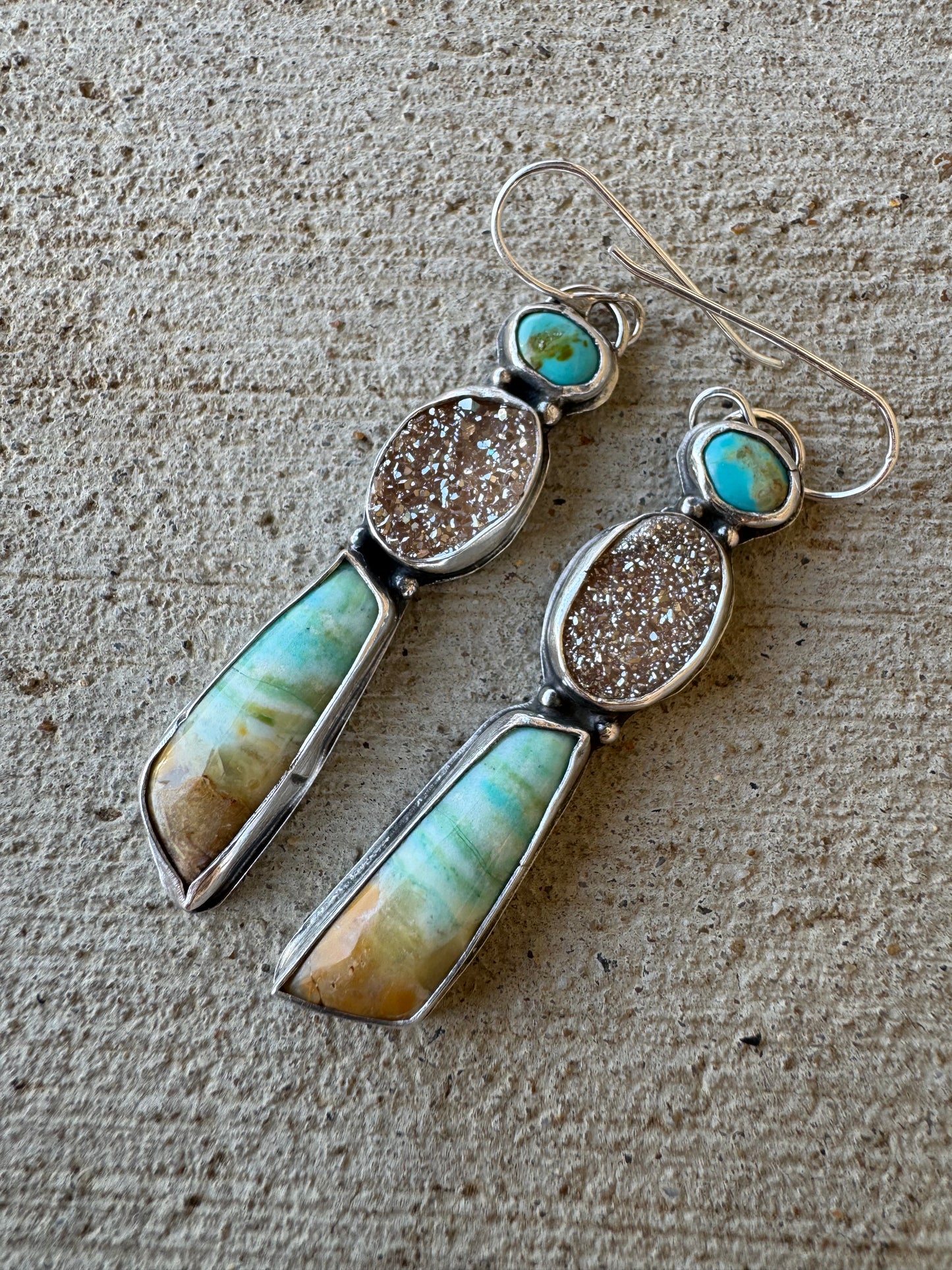 Blue opal wood and Drusy and turquoise earrings
