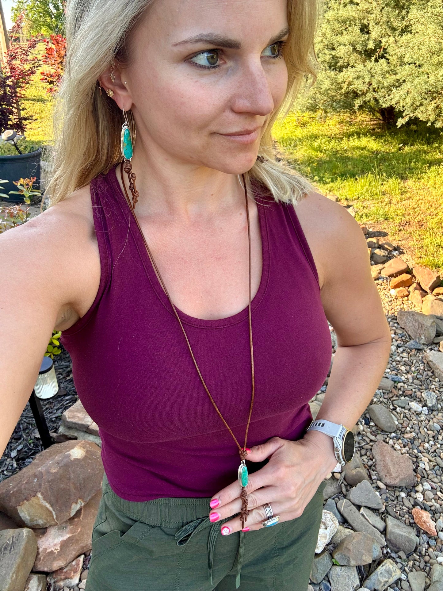 Leather and turquoise Adjustable Necklace
