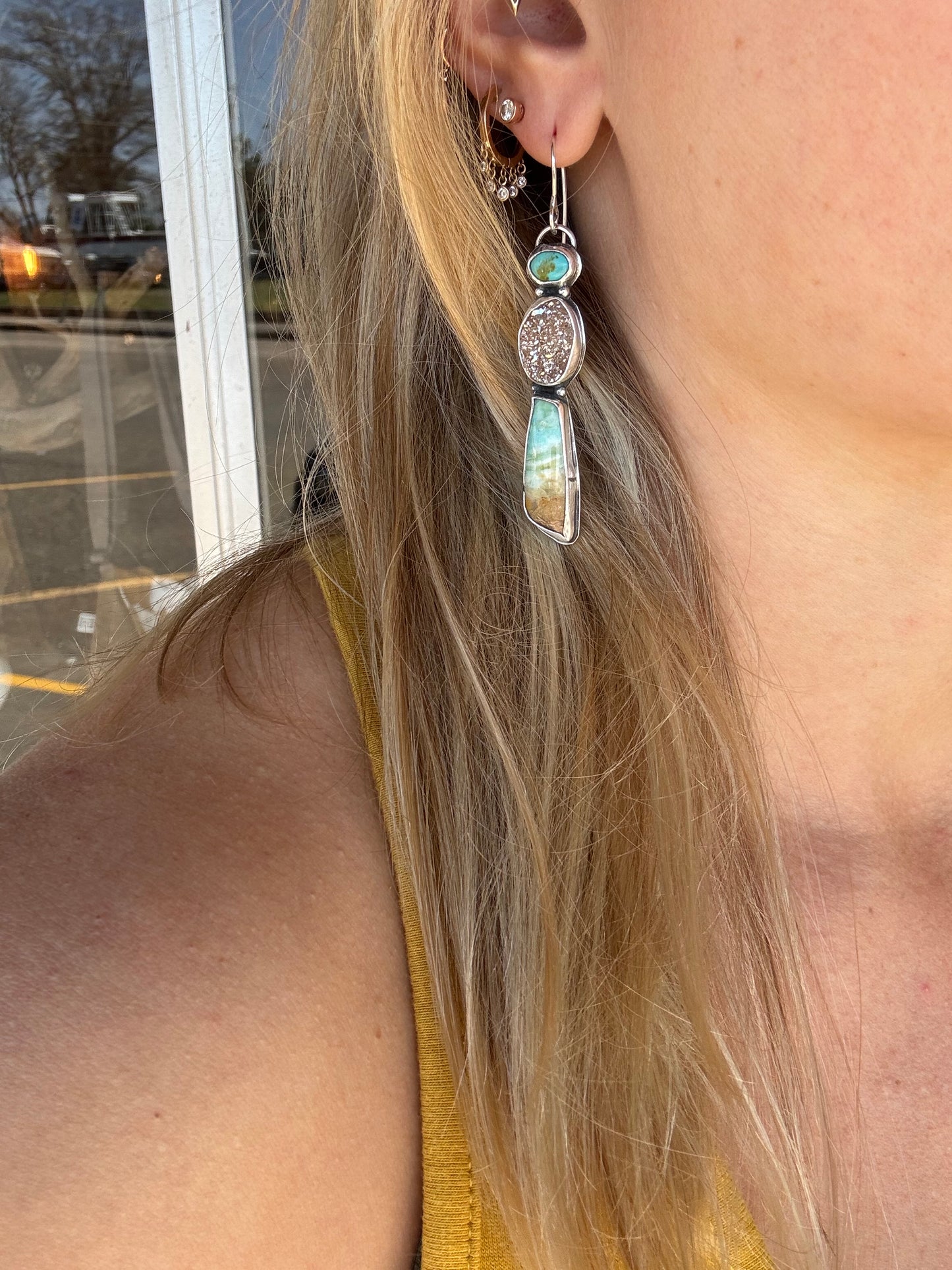 Blue opal wood and Drusy and turquoise earrings