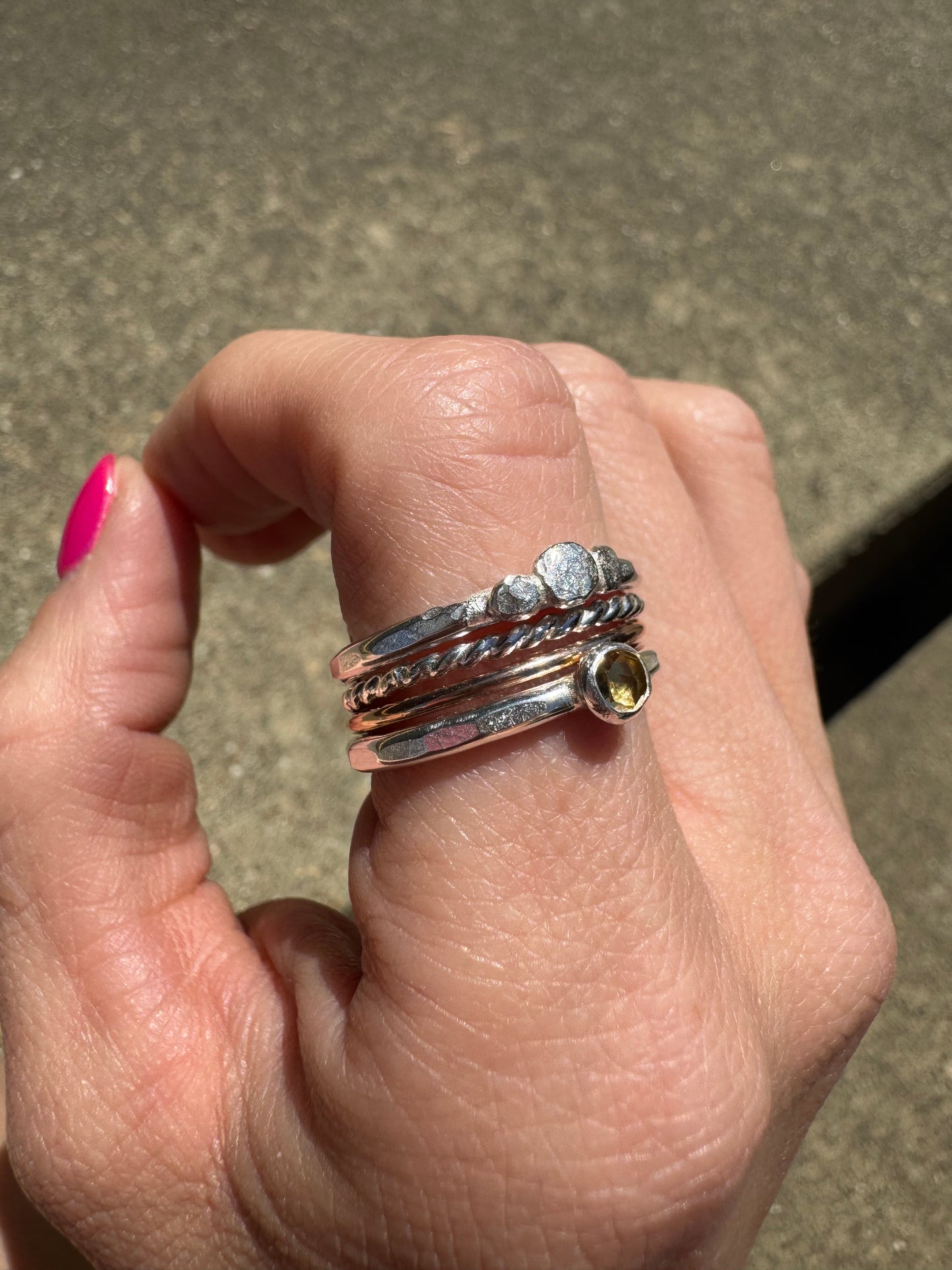 Stack set of Citrine and rose gold and sterling silver Rings