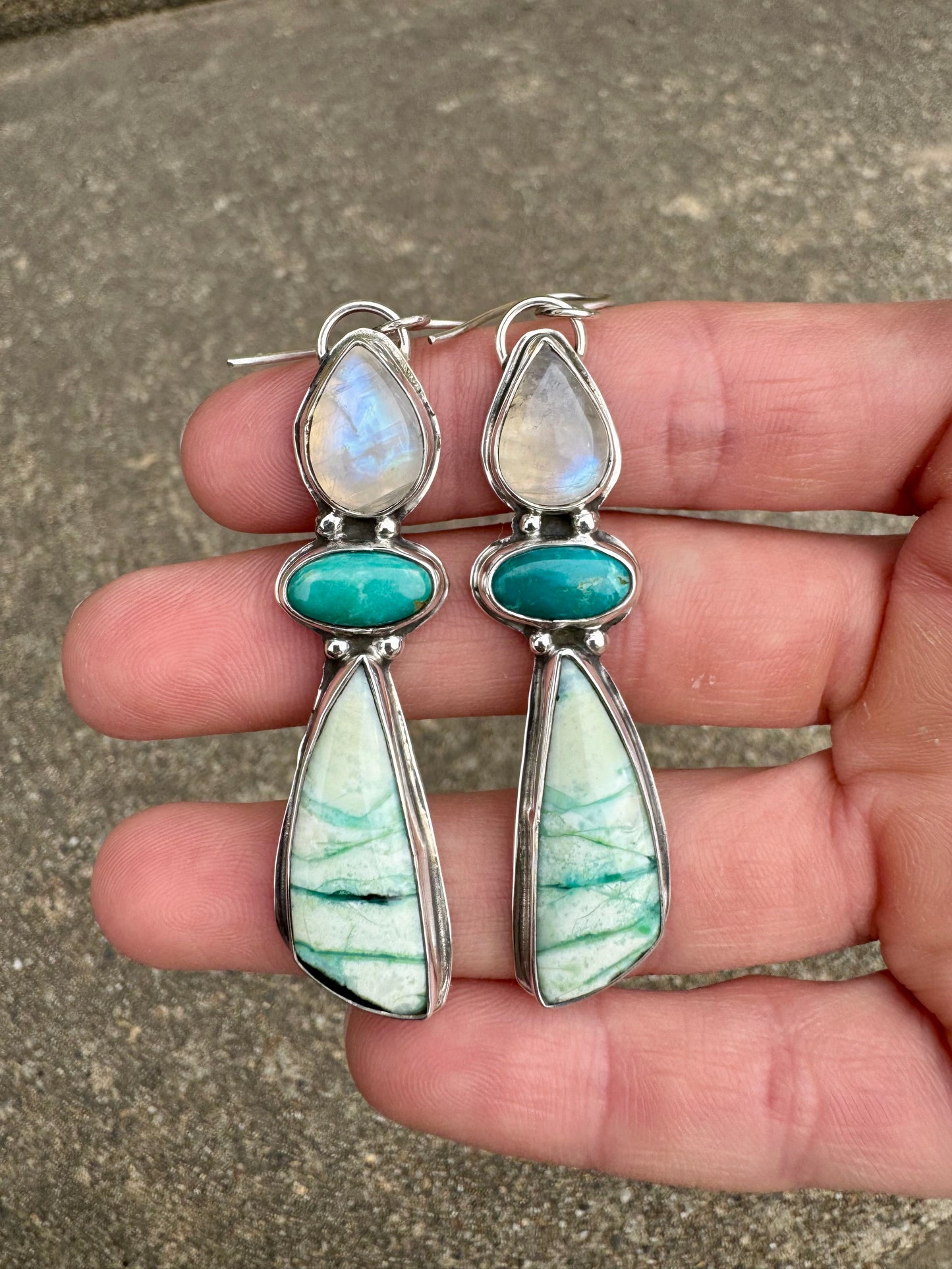 Blue Opal Wood and Moonstone and Turquoise Earrings