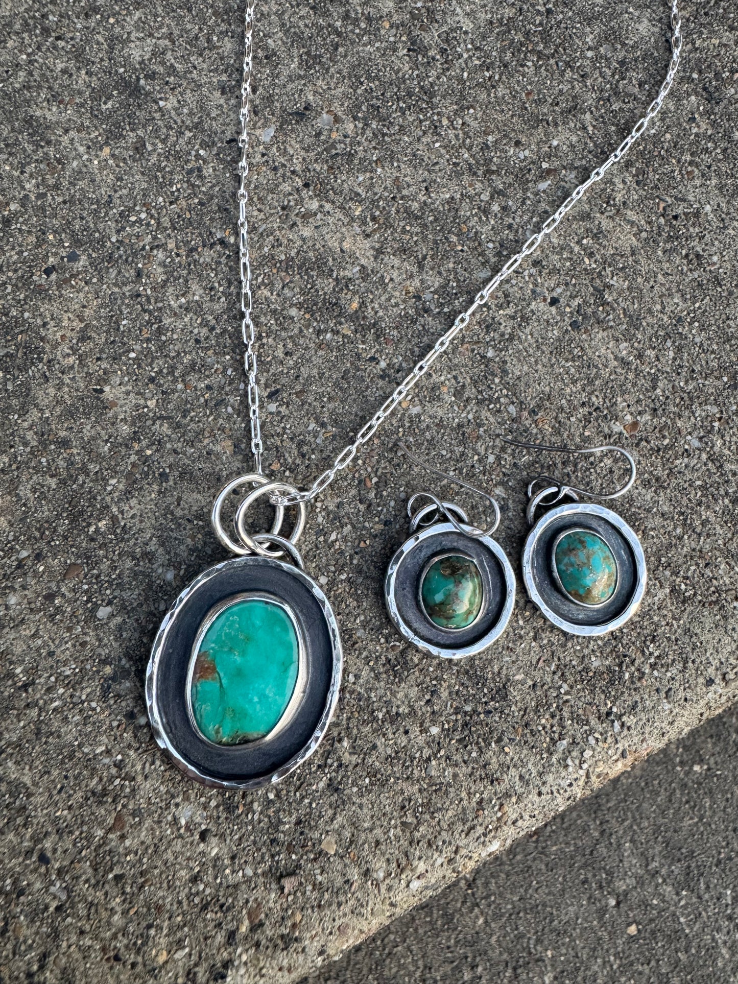 Hammered silver Turquoise Necklace and Earring set