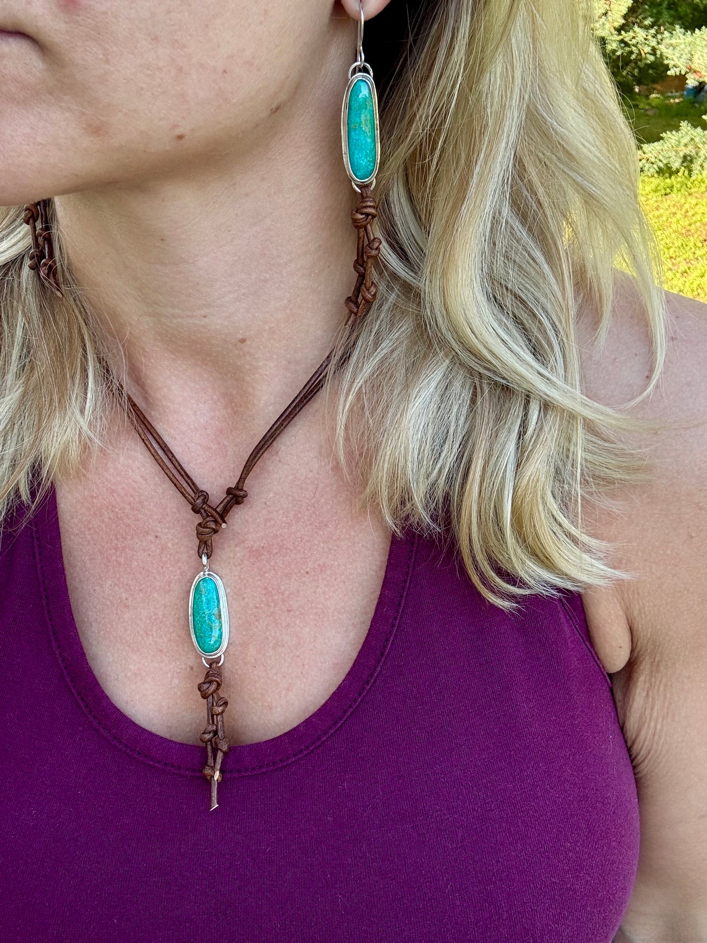 Leather and turquoise Adjustable Necklace