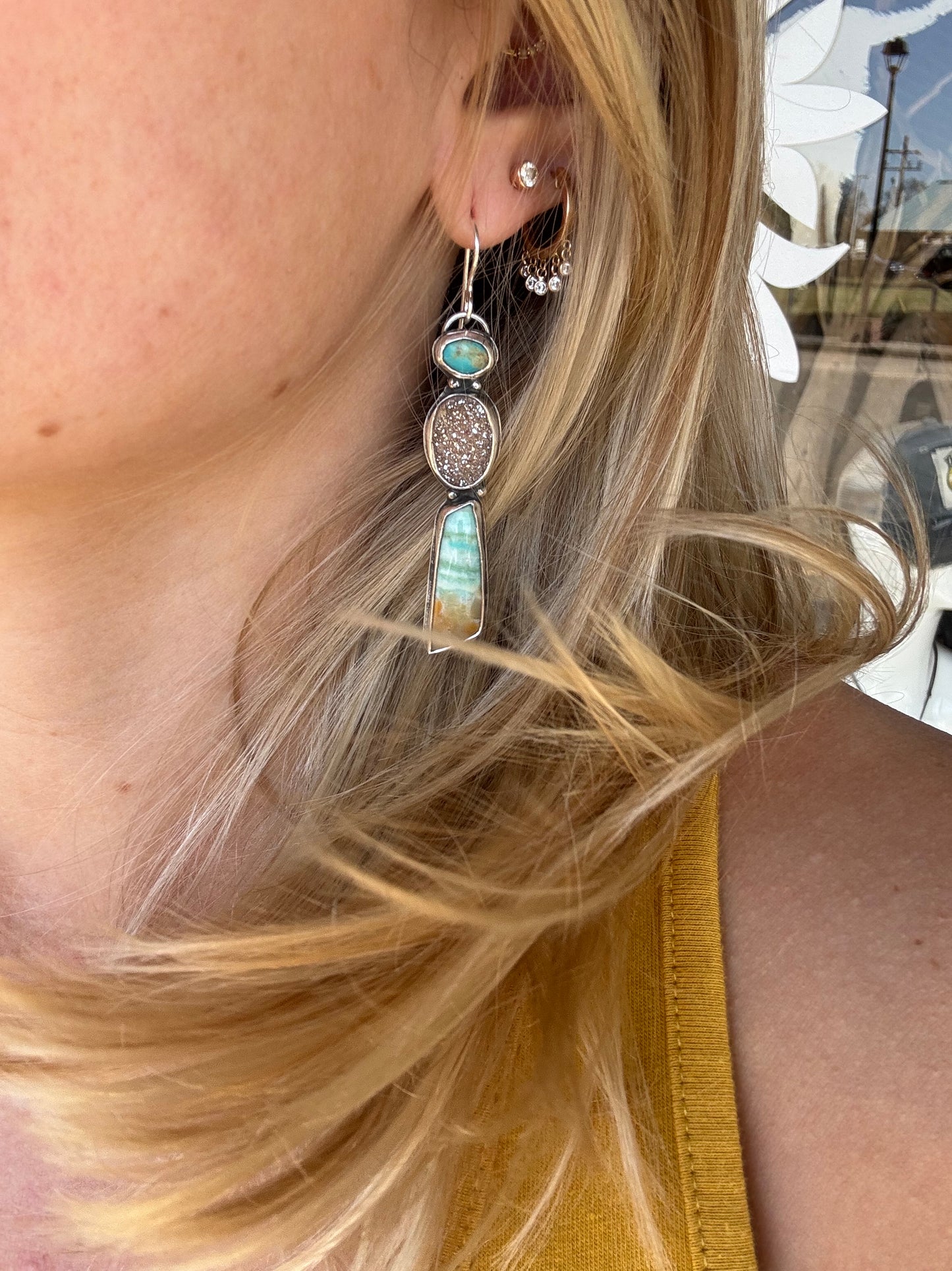 Blue opal wood and Drusy and turquoise earrings
