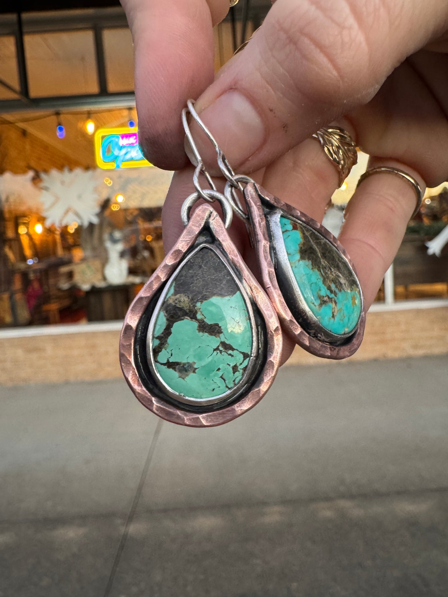 Copper and Silver Tyrone turquoise teardrop earrings