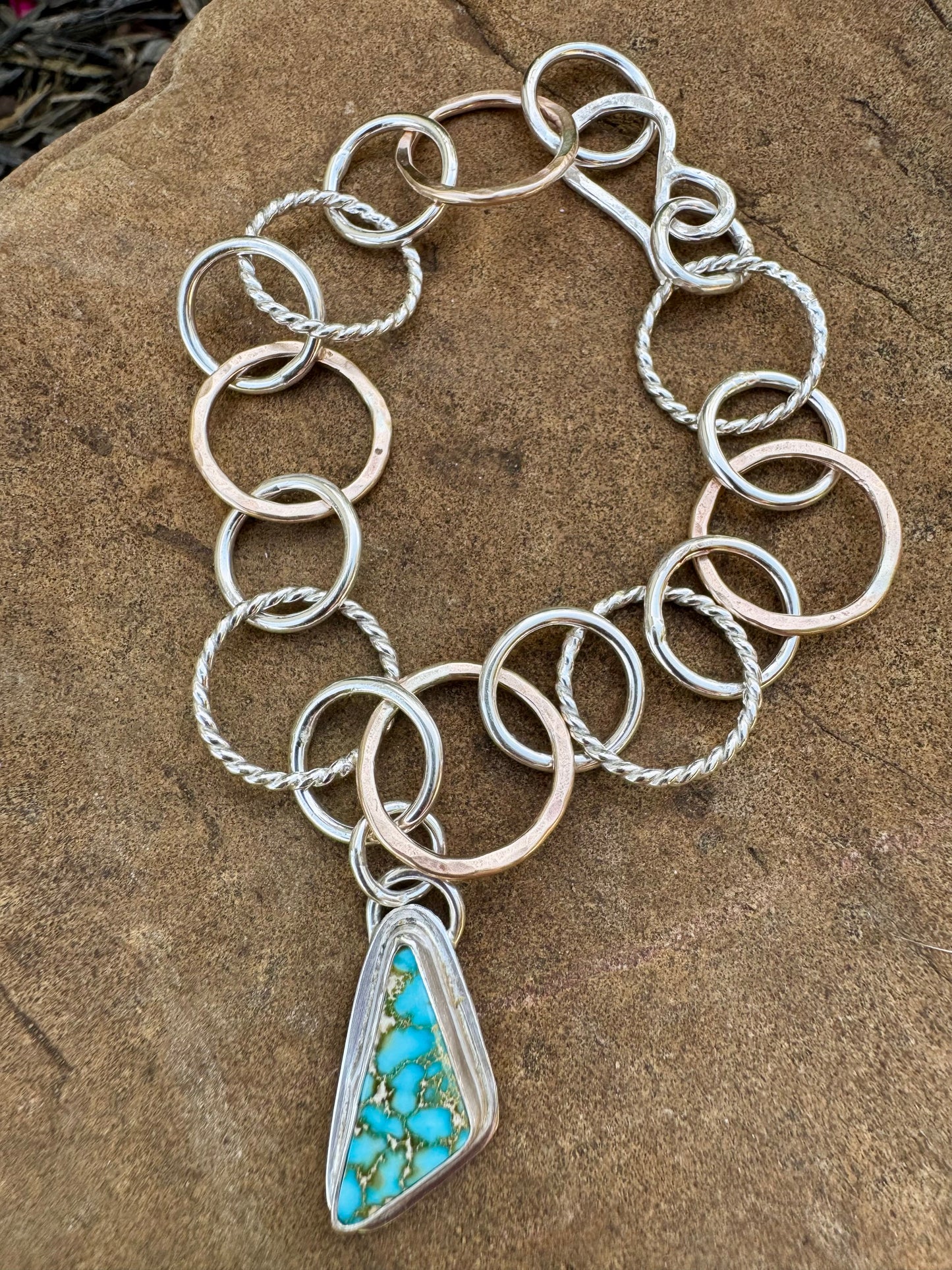 Sterling silver and Bronze Charm Bracelet with Turquoise Charm