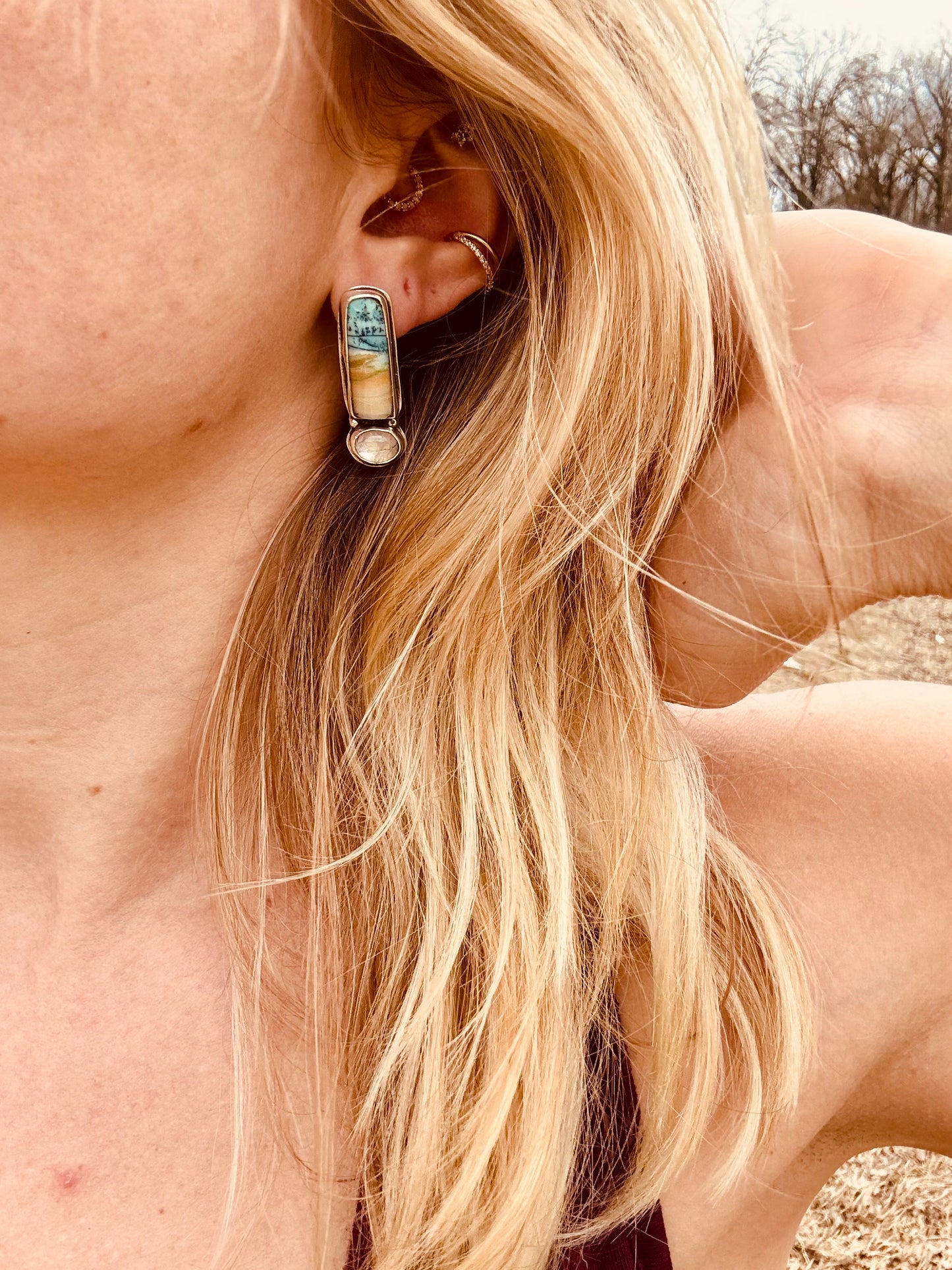 Blue opal wood and moonstone post earrings