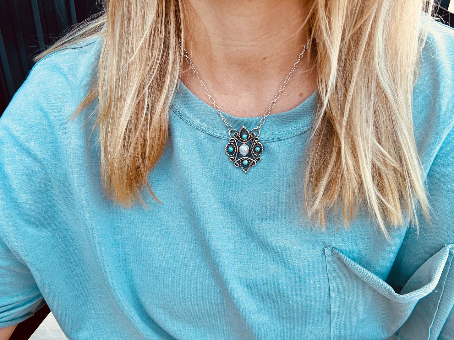 Moonstone and Turquoise Filigree Necklace