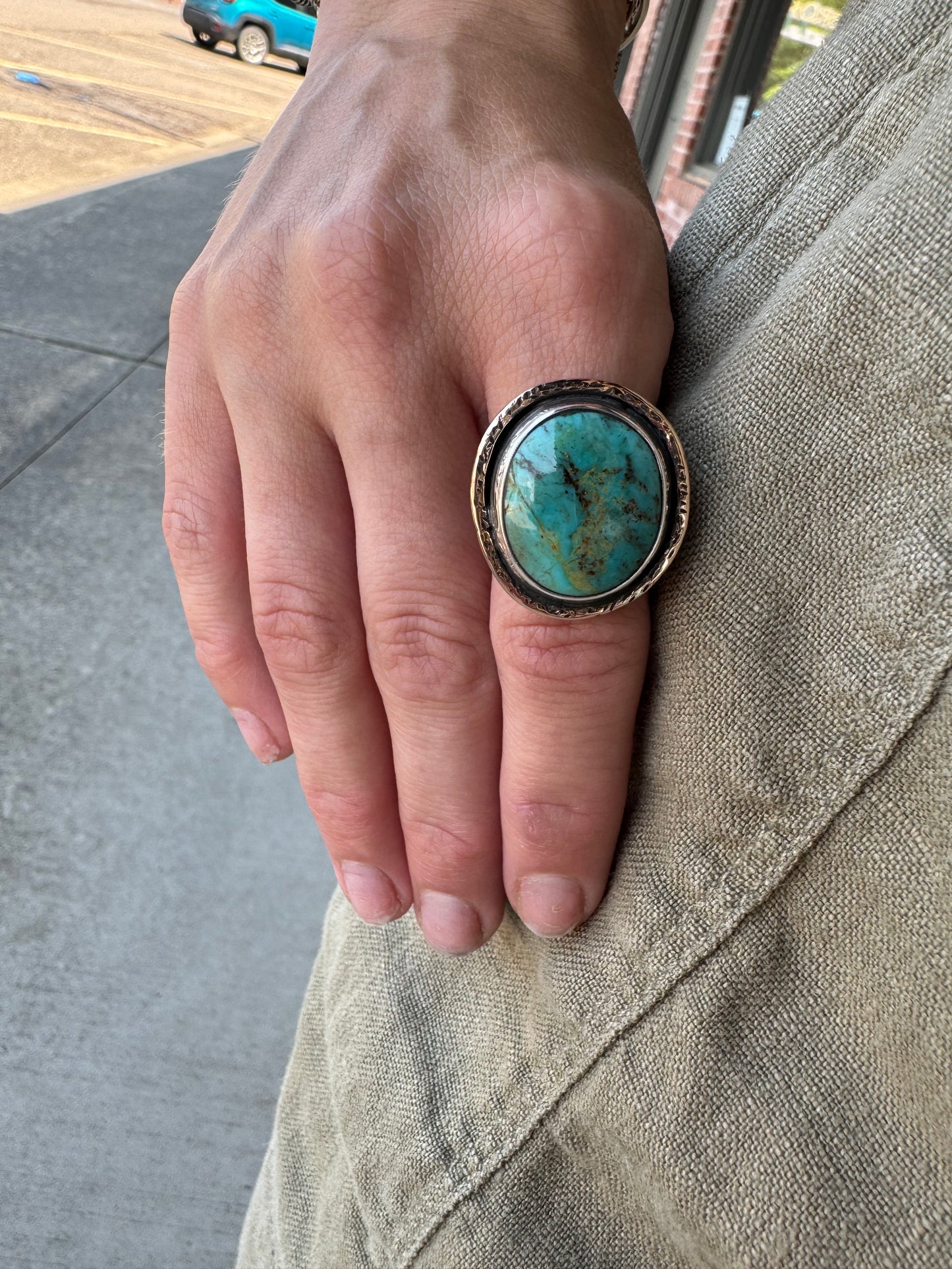 Turquoise ring with Bronze detail size 6.5