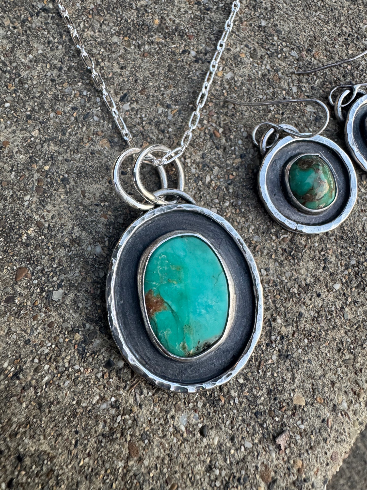 Hammered silver Turquoise Necklace and Earring set