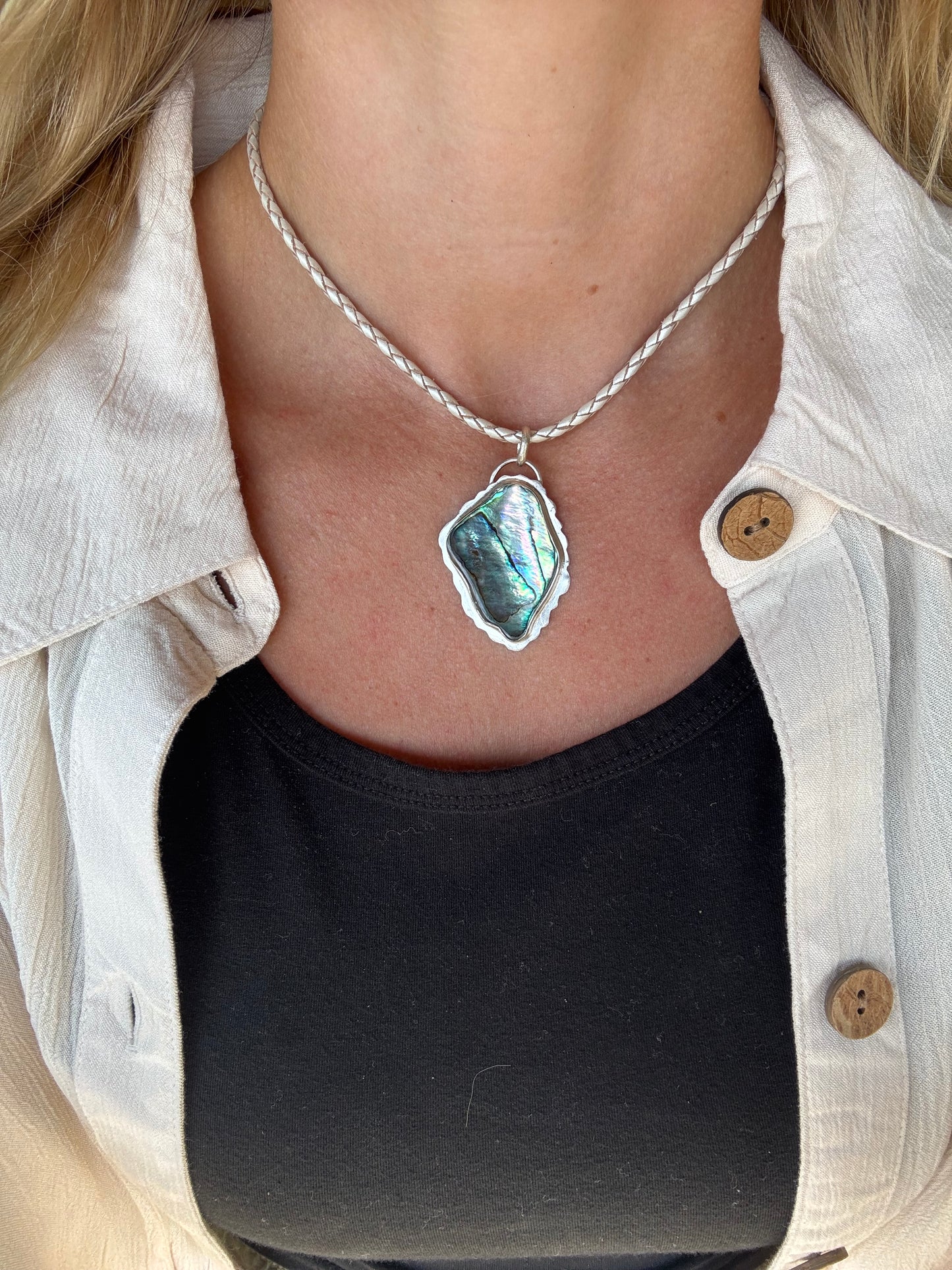 Abalone Shell Necklace on Braided leather
