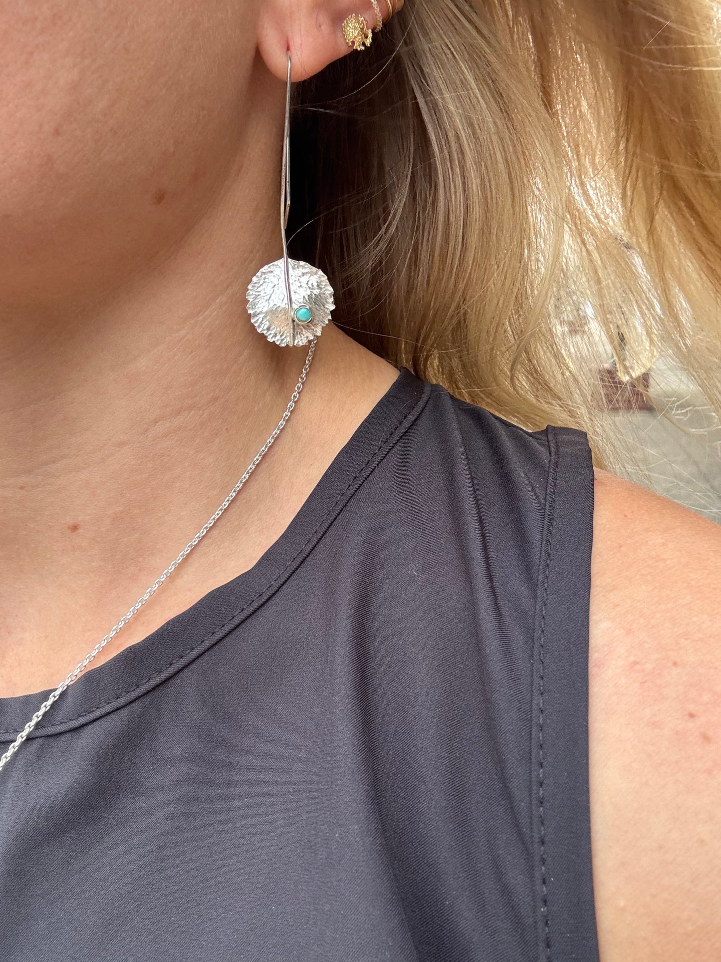 Long dangle leaf earrings with turquoise