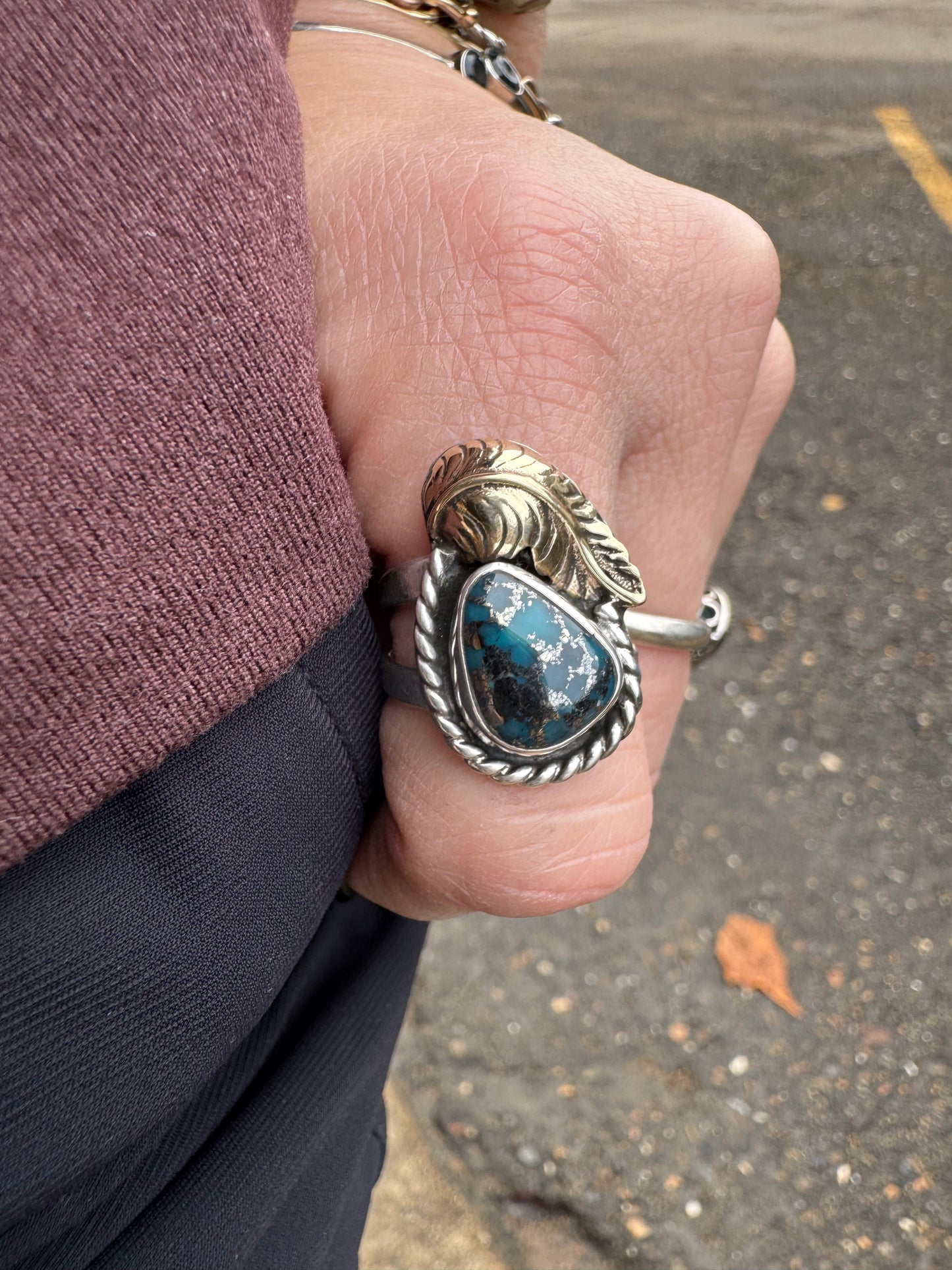 Pyrite Turquoise with Brass Feather Ring size 7