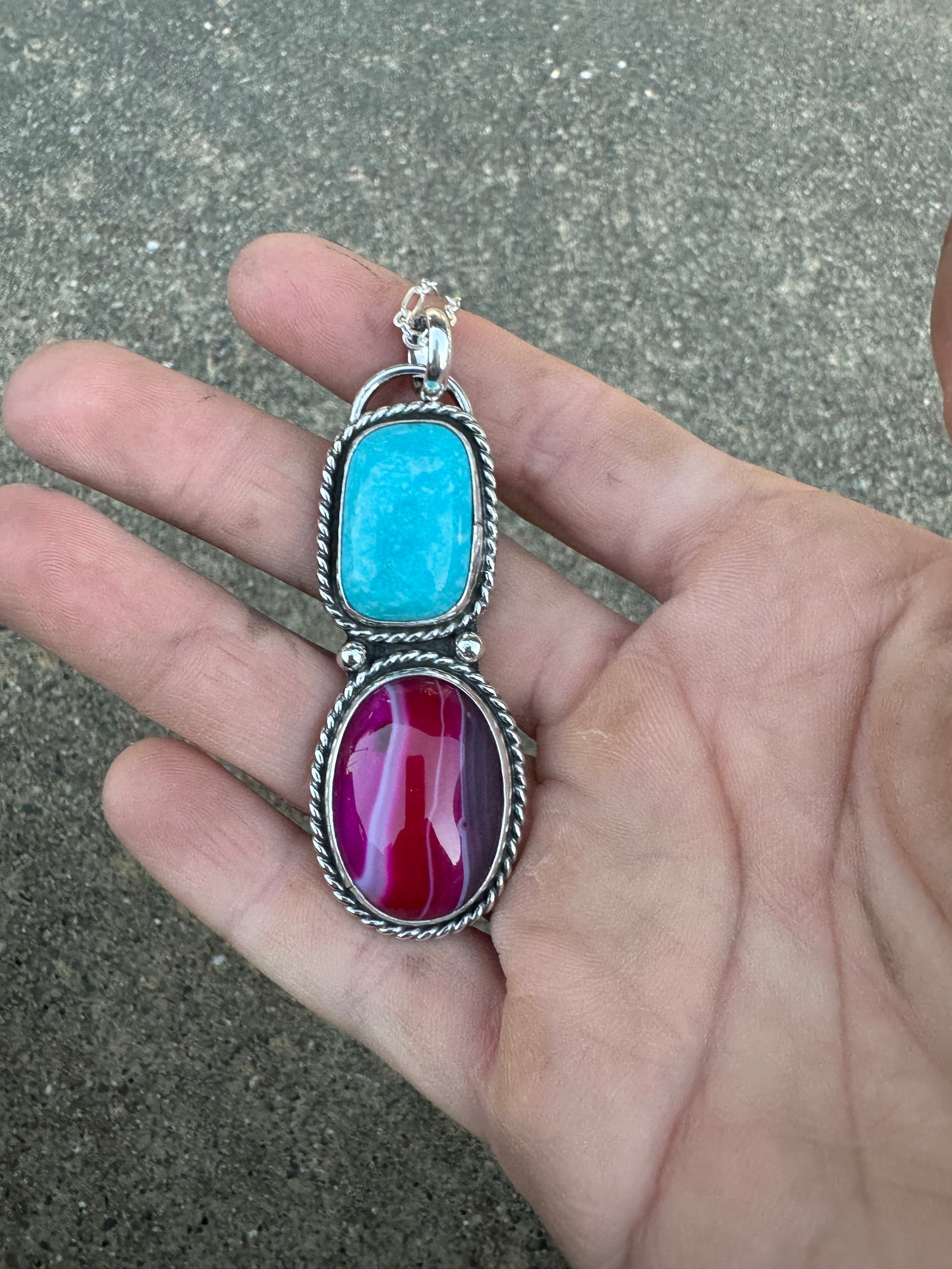 Fuchsia Pink agate and Turquoise pendant