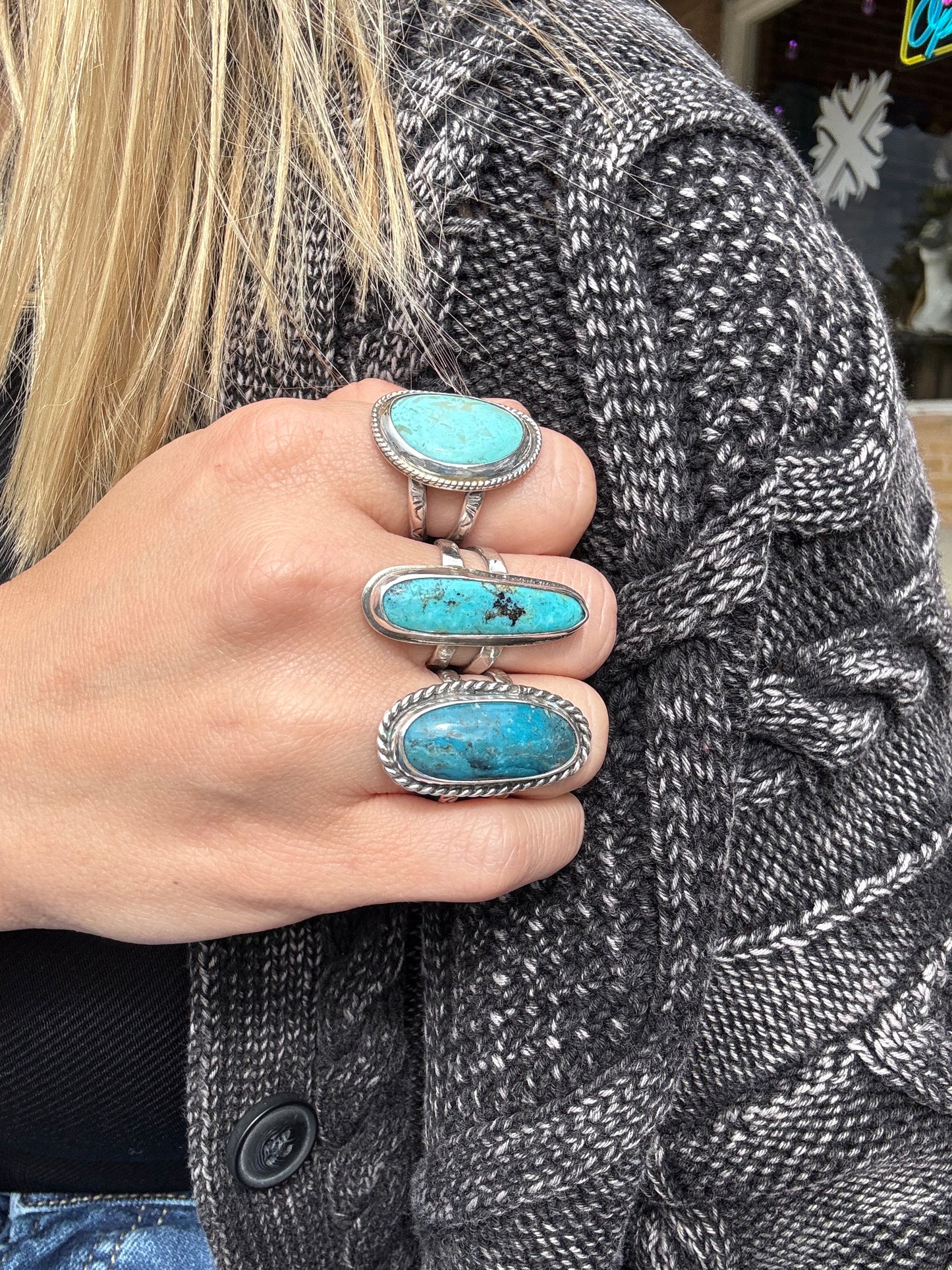 Long Kingman turquoise ring size 6.5
