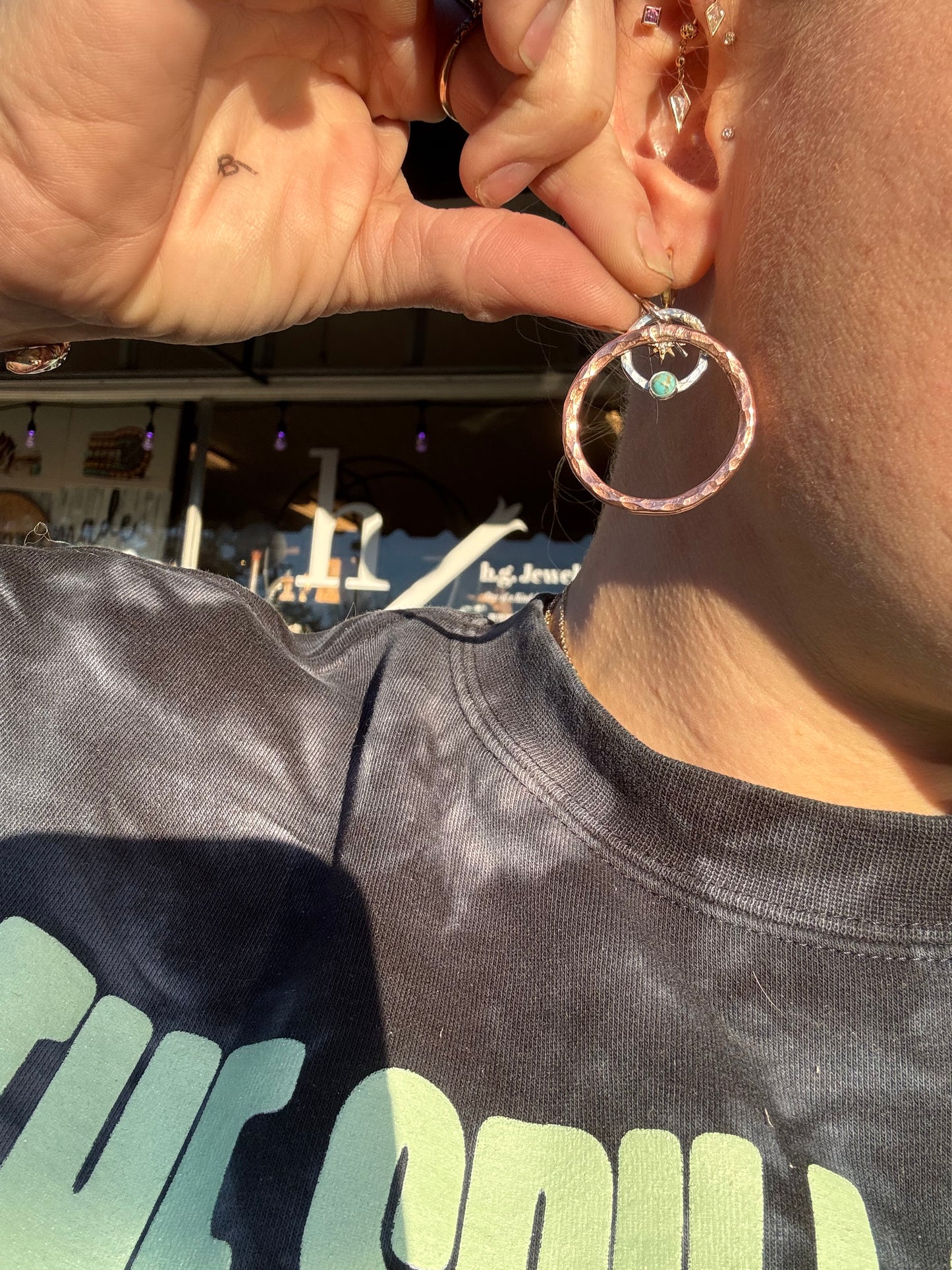Copper and Sterling Silver Turquoise hoop earrings