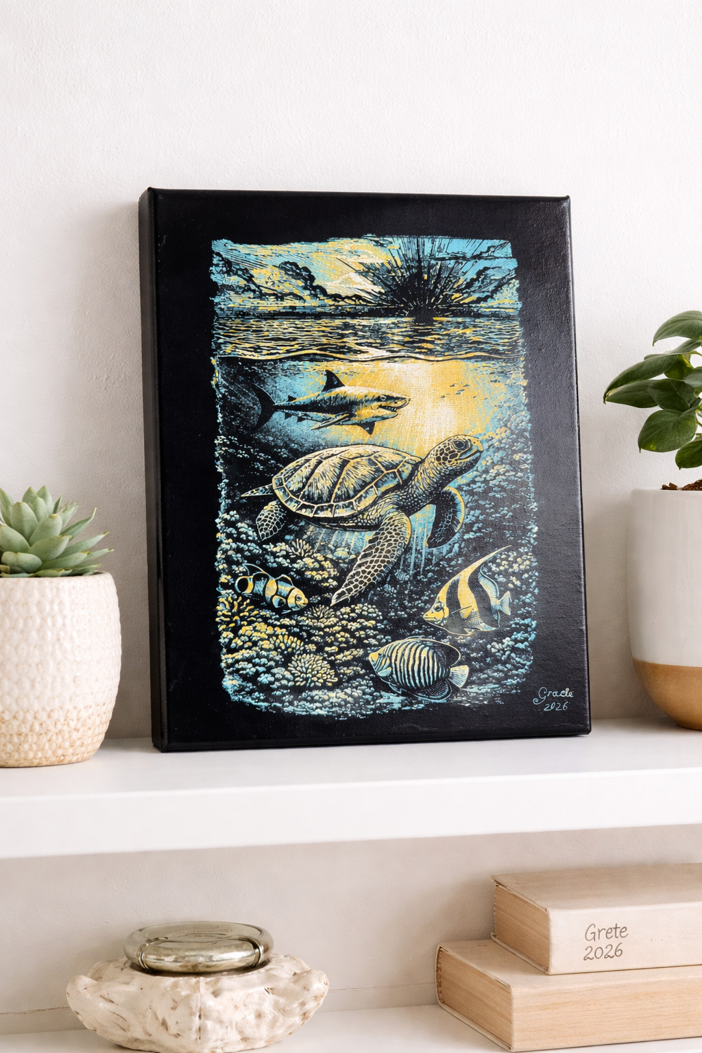 Laser Painted Ocean Life 8x10 Canvas