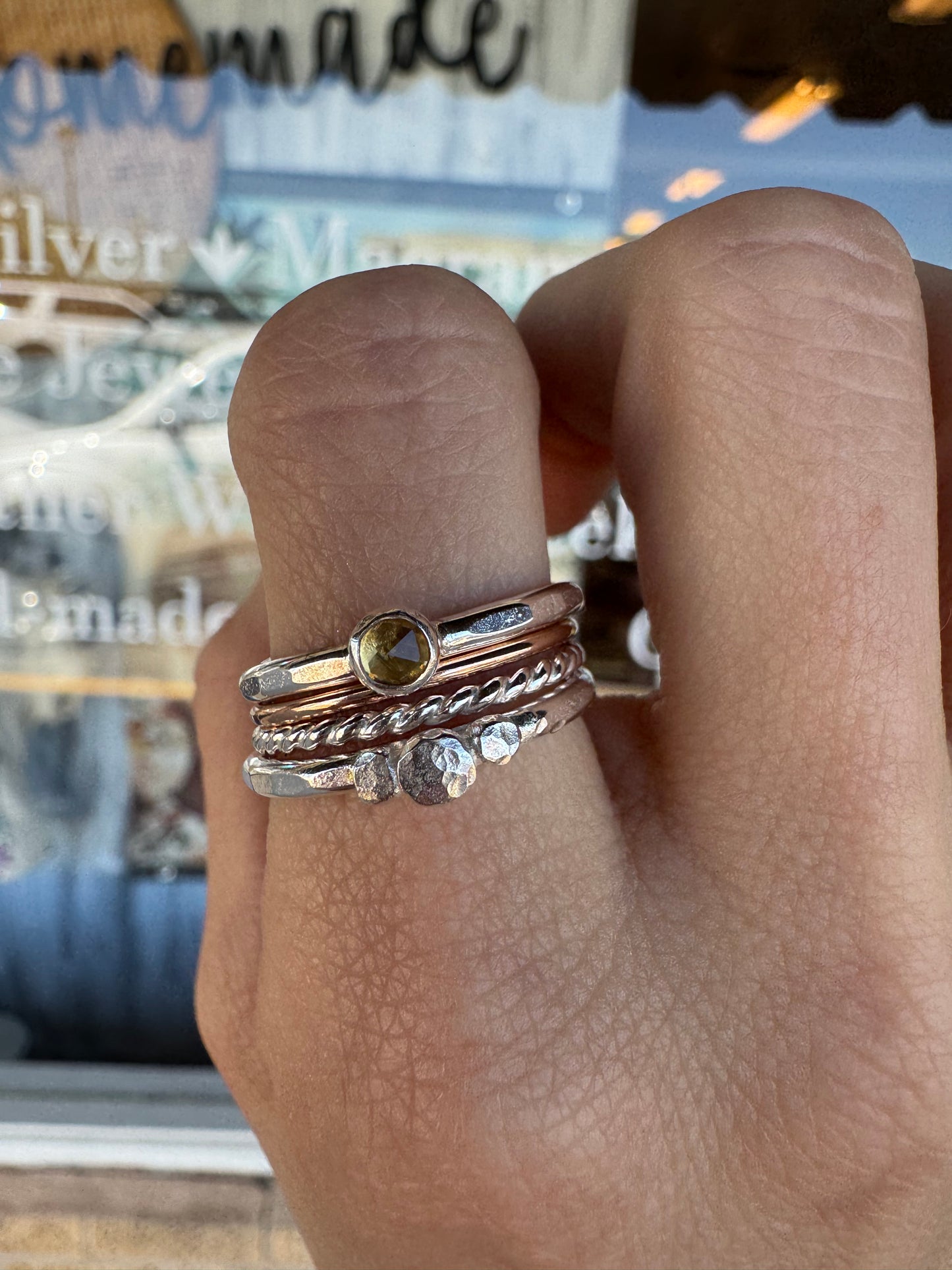 Stack set of Citrine and rose gold and sterling silver Rings