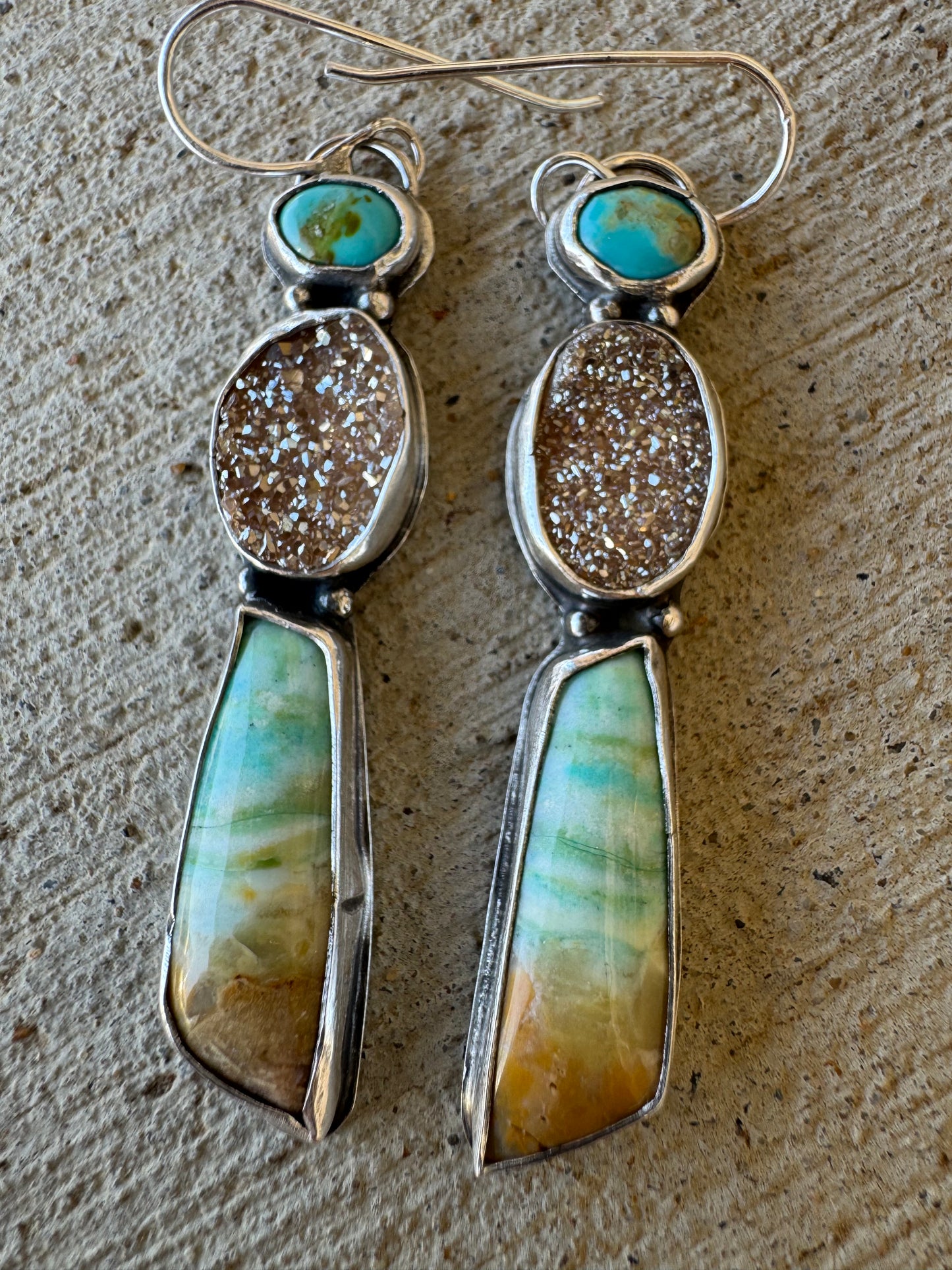Blue opal wood and Drusy and turquoise earrings