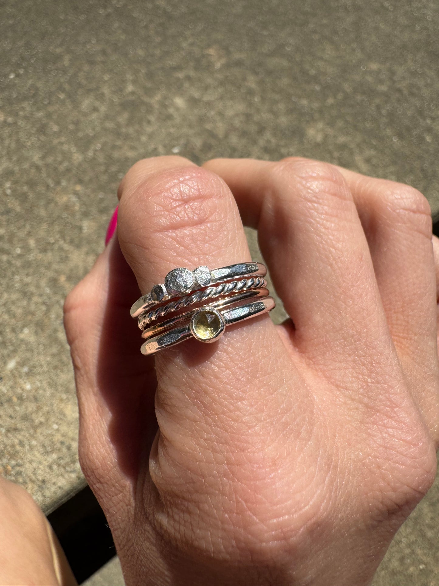 Stack set of Citrine and rose gold and sterling silver Rings
