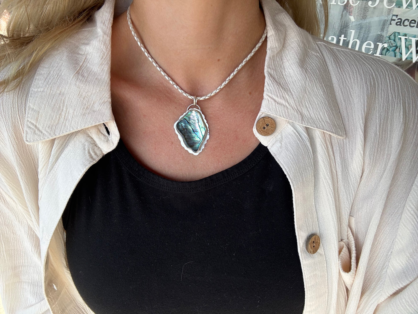 Abalone Shell Necklace on Braided leather