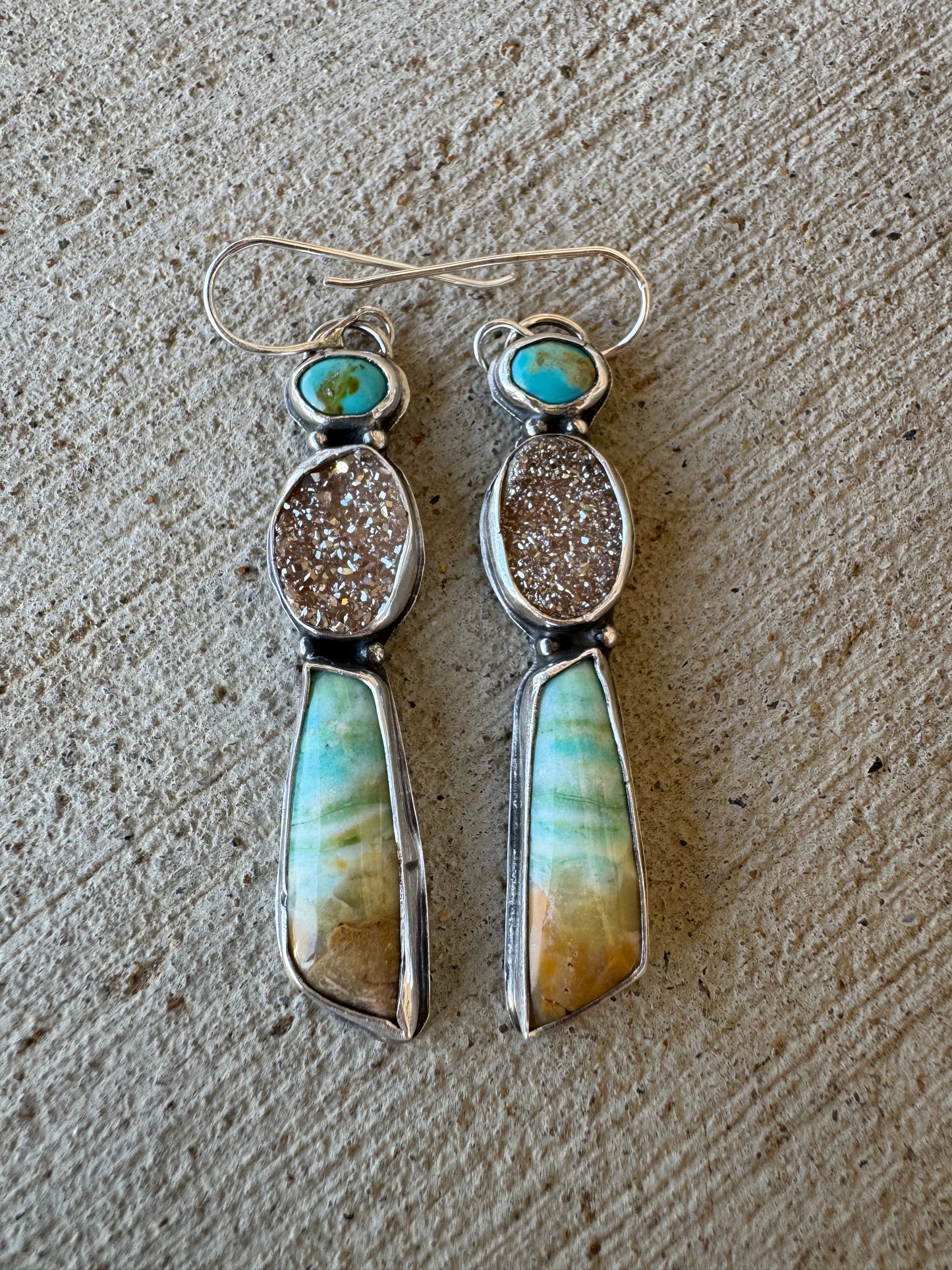 Blue opal wood and Drusy and turquoise earrings