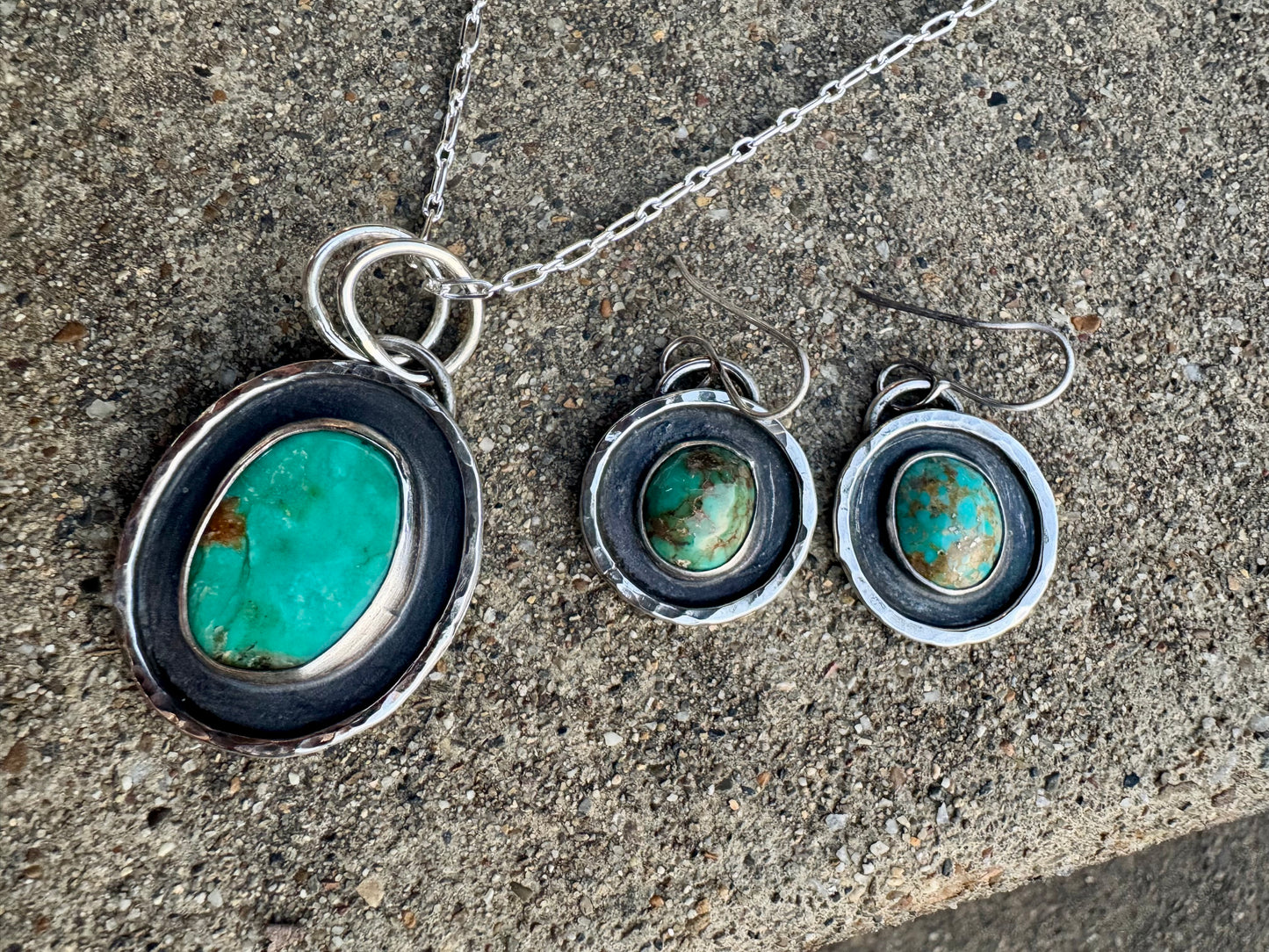 Hammered silver Turquoise Necklace and Earring set