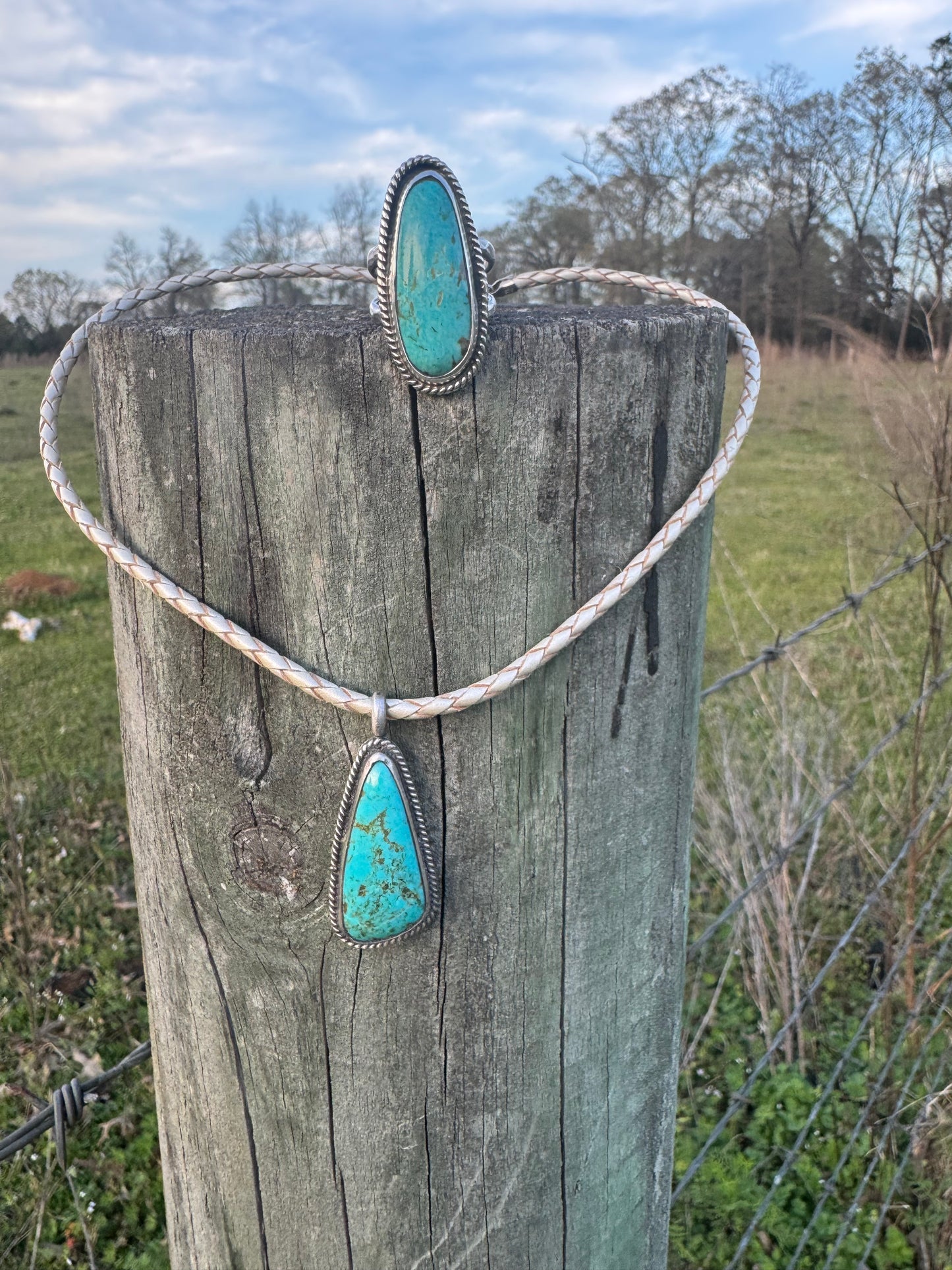 Turquoise necklace on leather cord