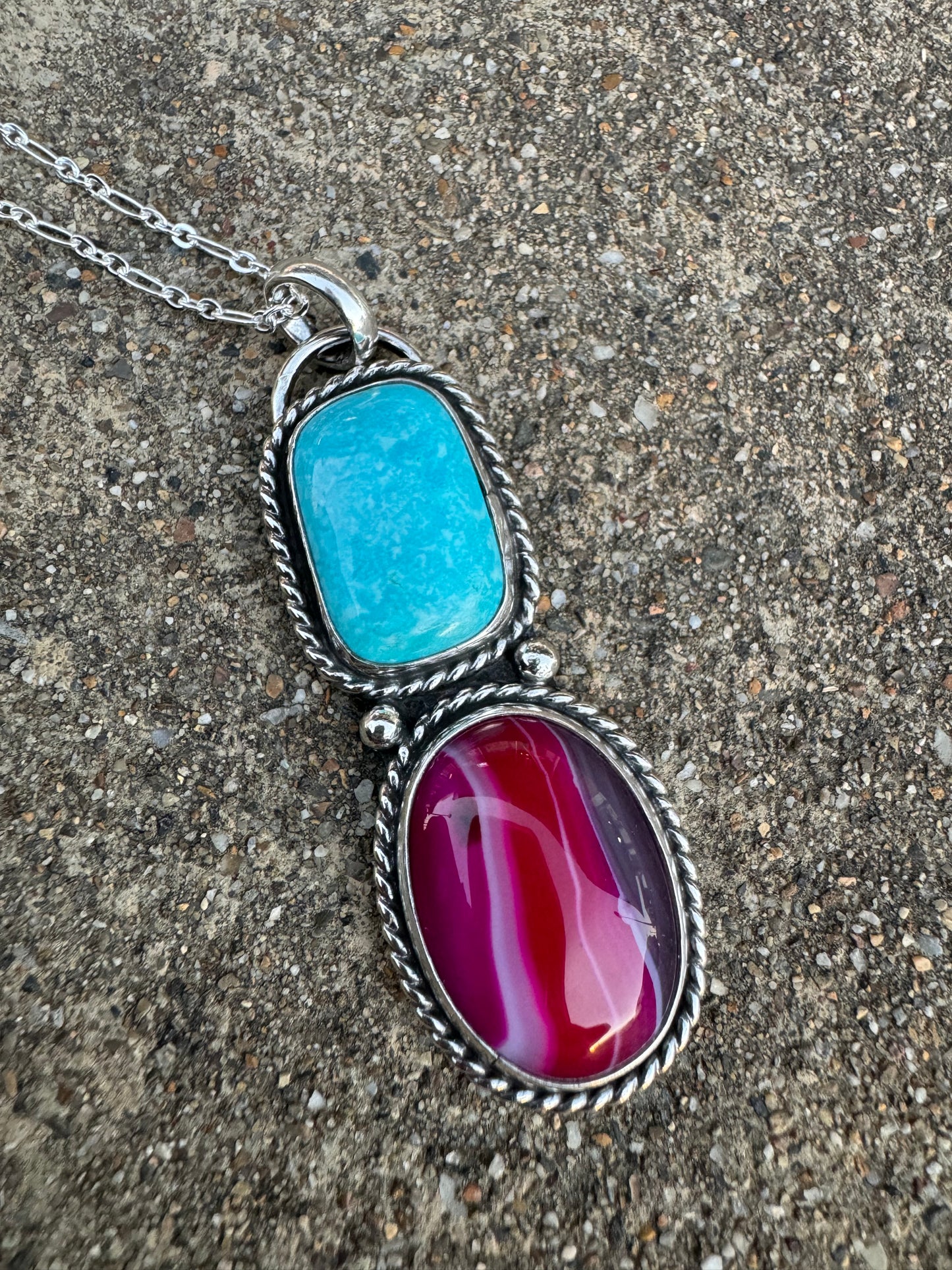 Fuchsia Pink agate and Turquoise pendant