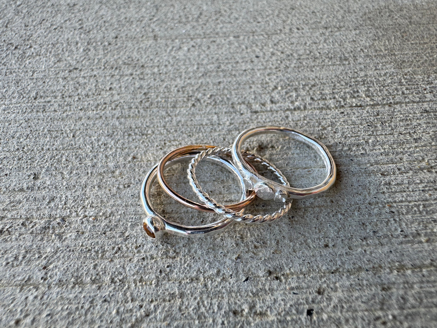 Stack set of Citrine and rose gold and sterling silver Rings