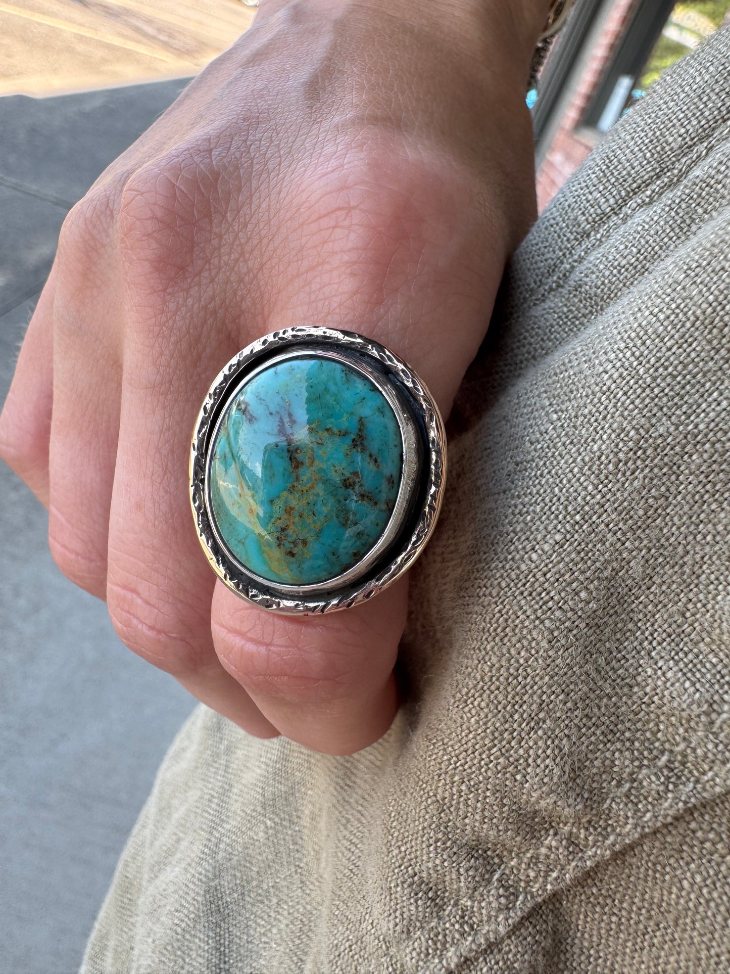Turquoise ring with Bronze detail size 6.5