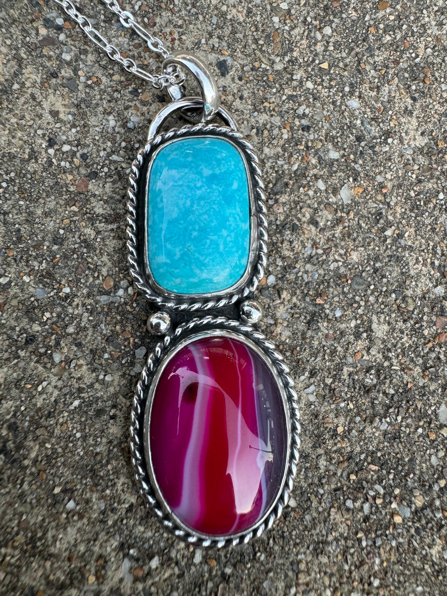 Fuchsia Pink agate and Turquoise pendant