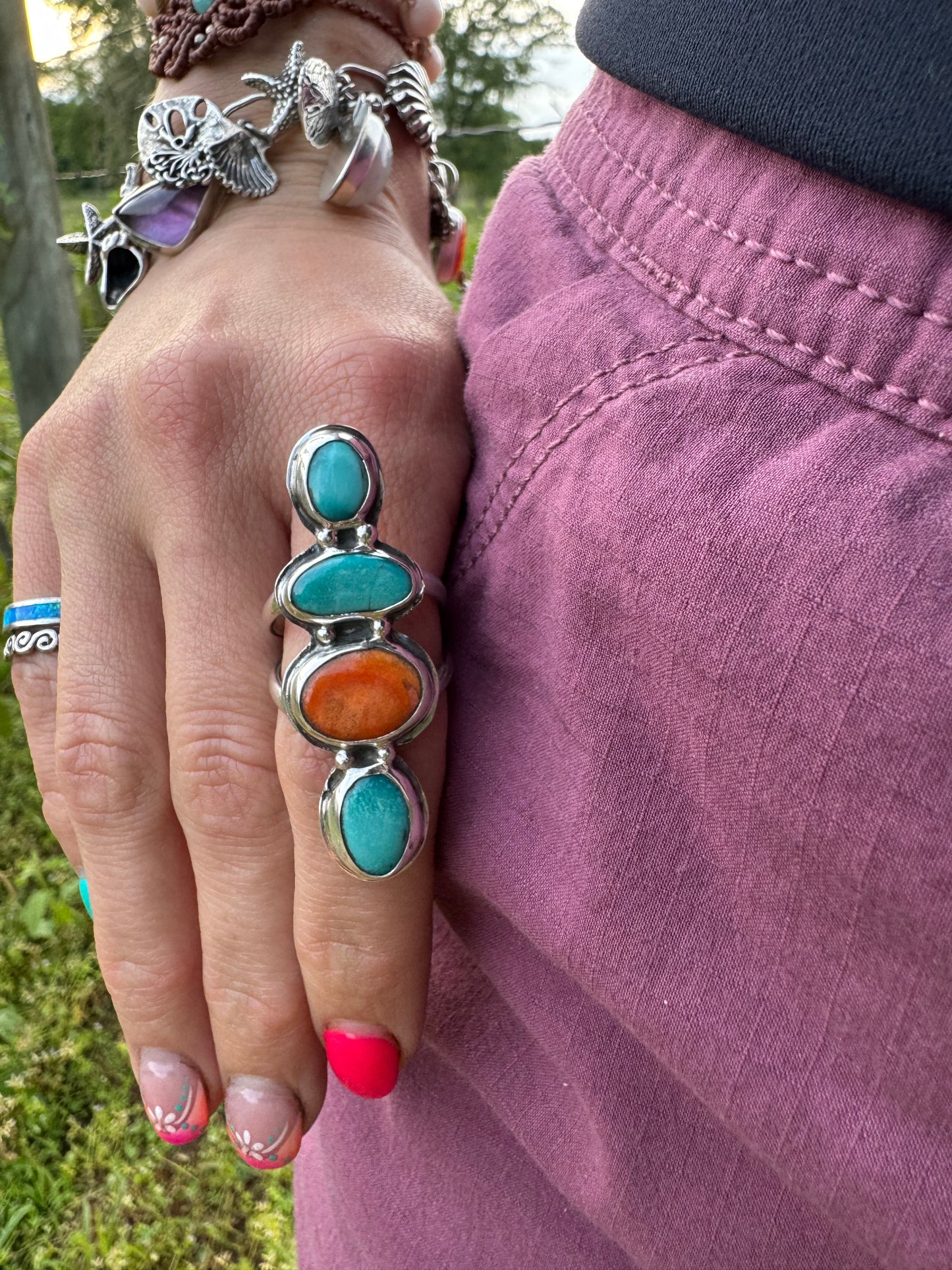 Turquoise and spiny oyster shell Ring size 9