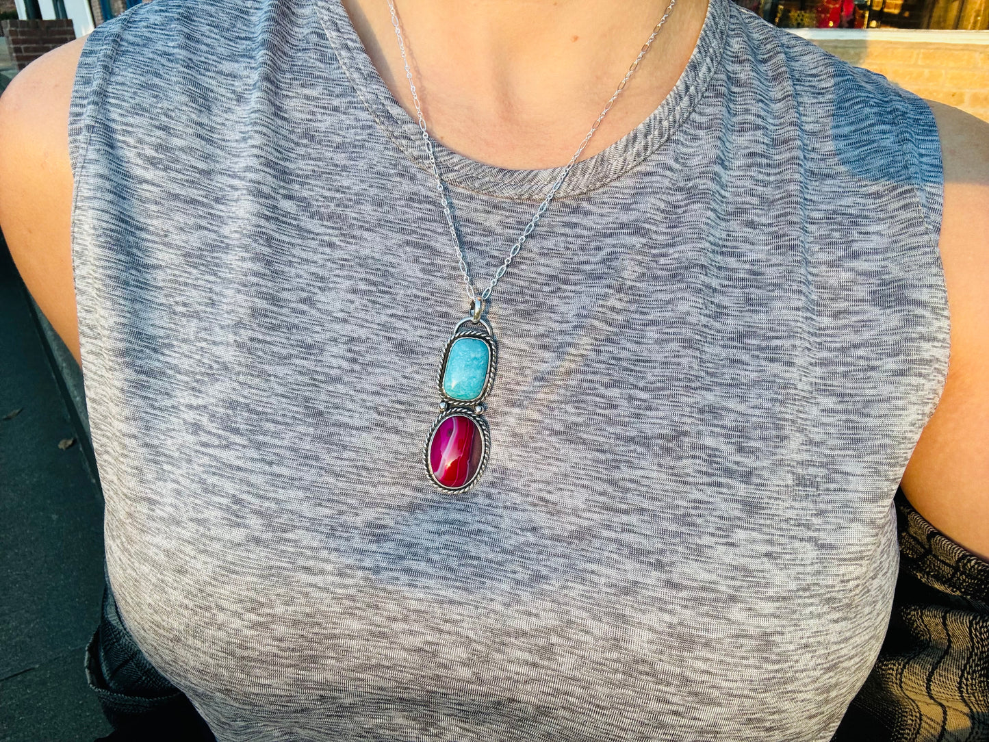 Fuchsia Pink agate and Turquoise pendant