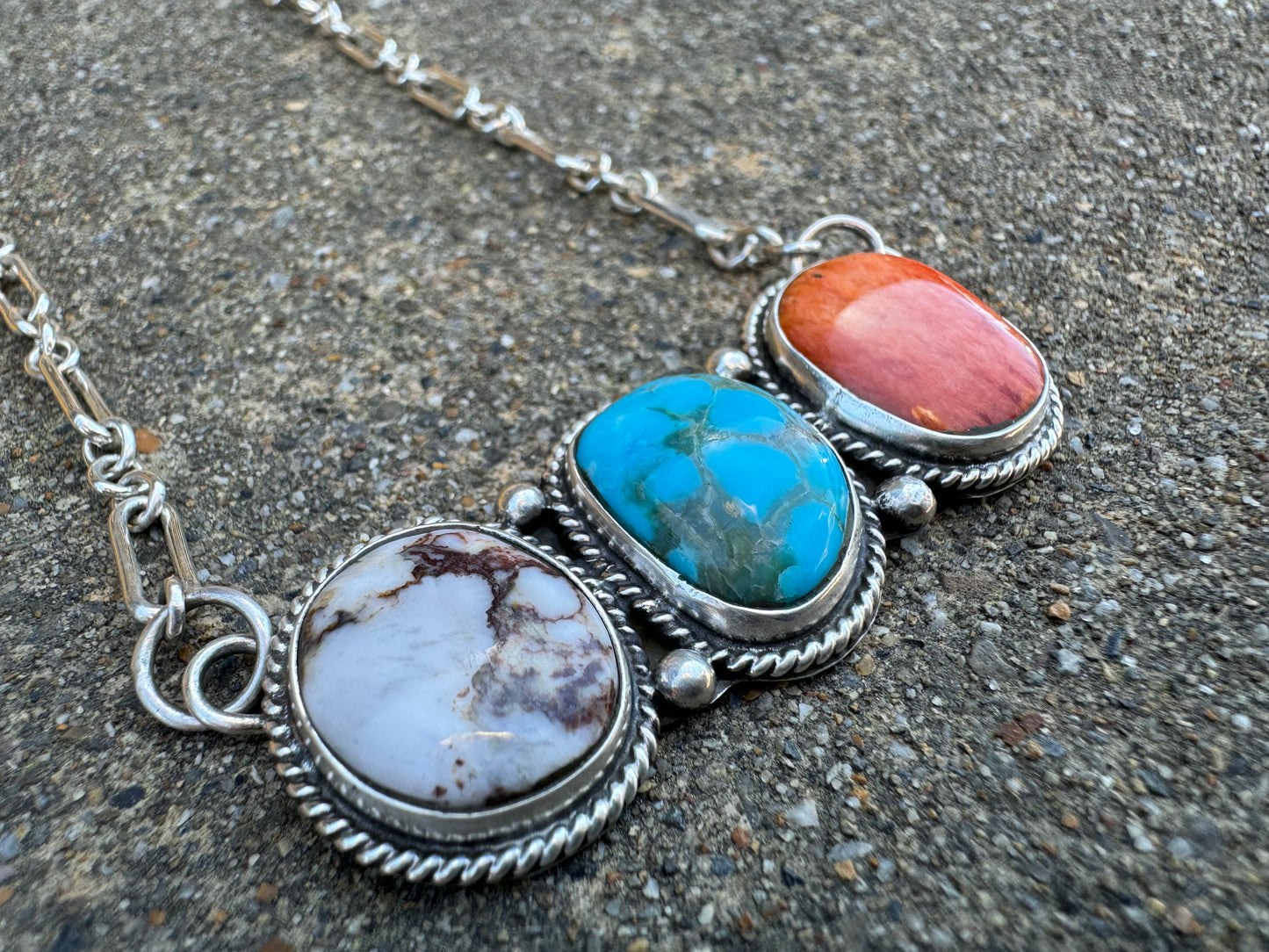 Three stone turquoise, spiny oyster and wild horse Necklace