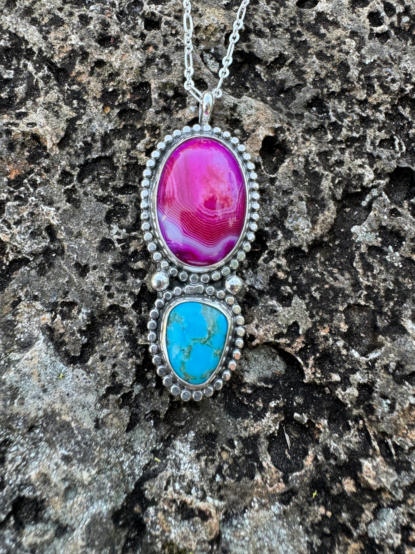 Pink agate and turquoise pendant