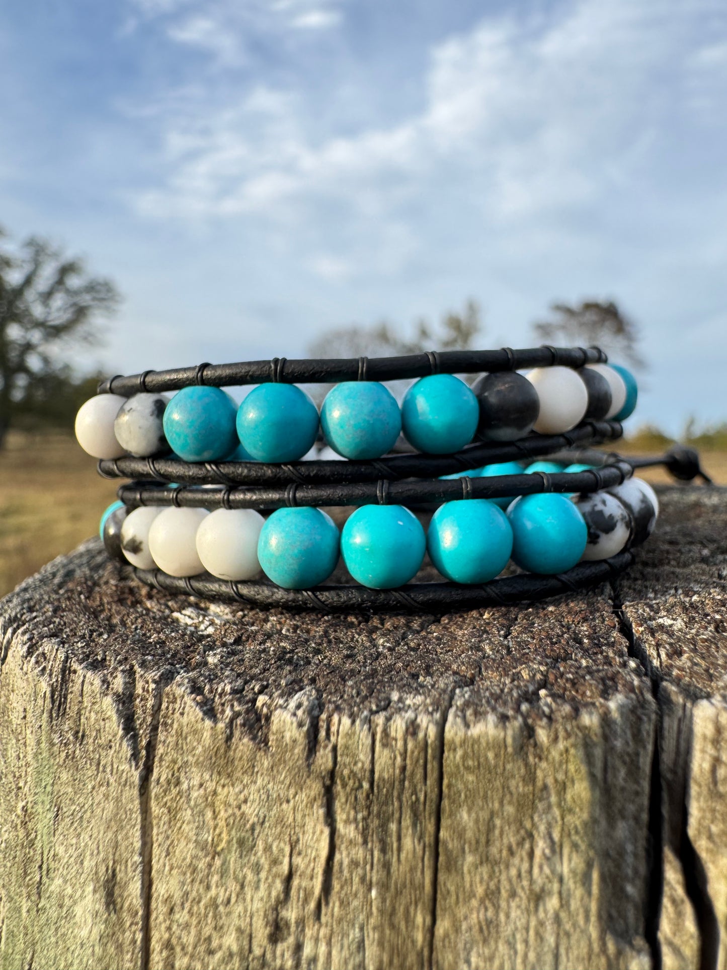 Turquoise, White and Black wrap bracelets
