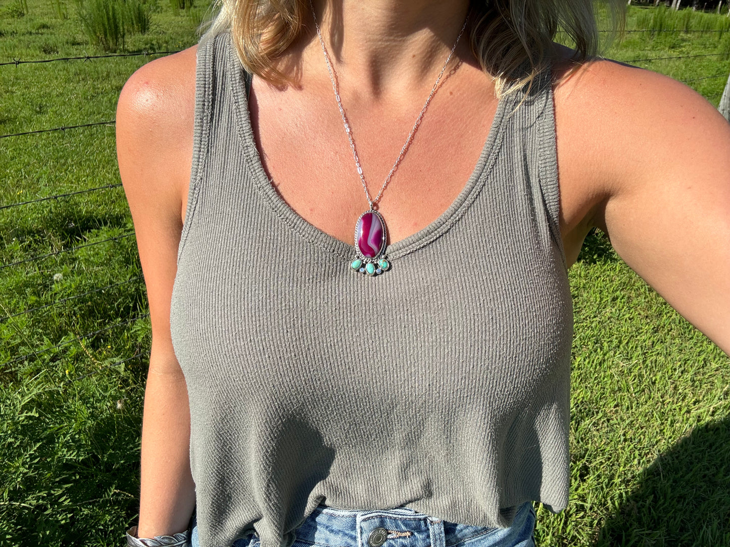 Fuchsia pink agate and turquoise pendant