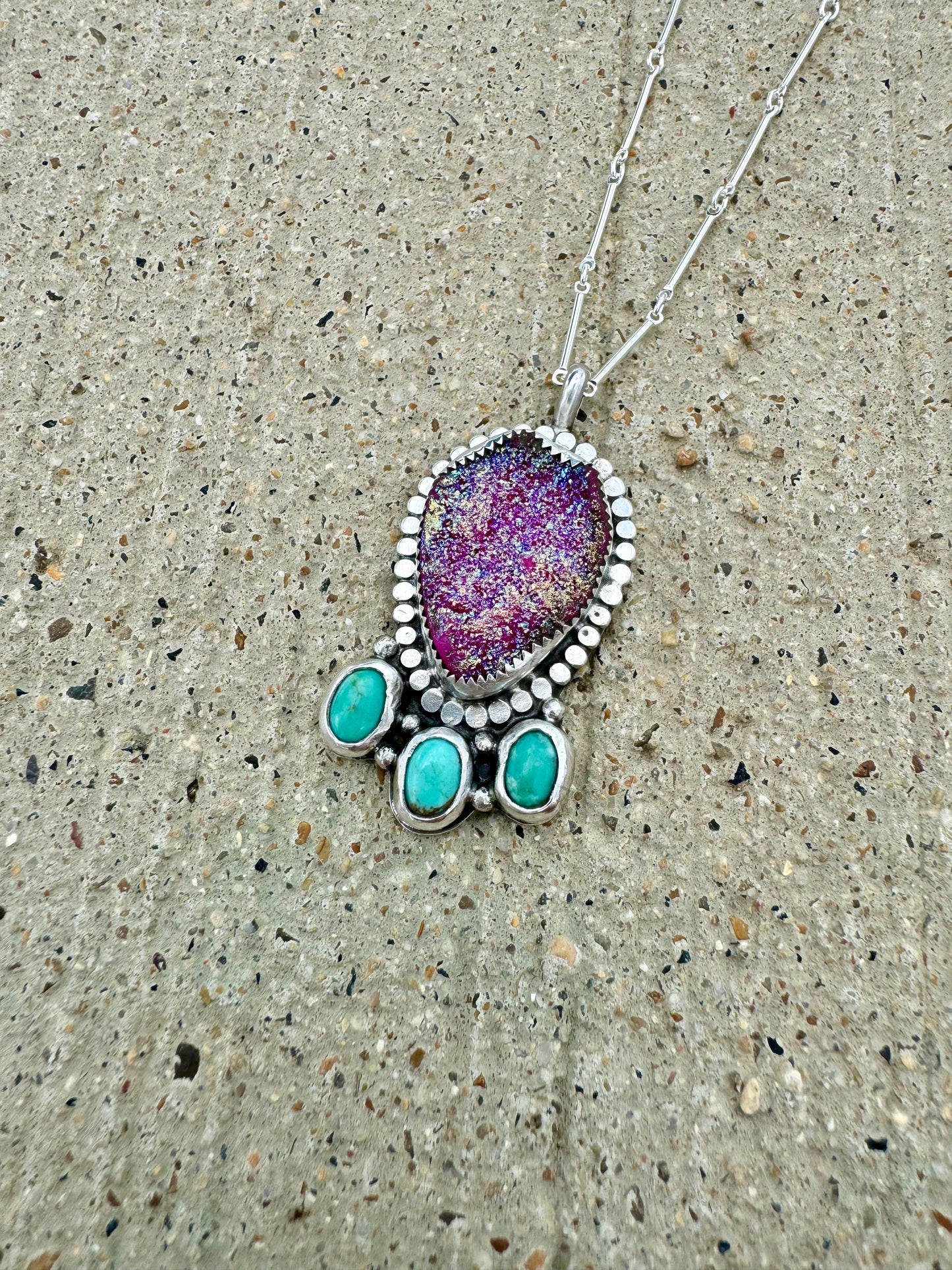 Fuchsia pink druse agate with turquoise pendant