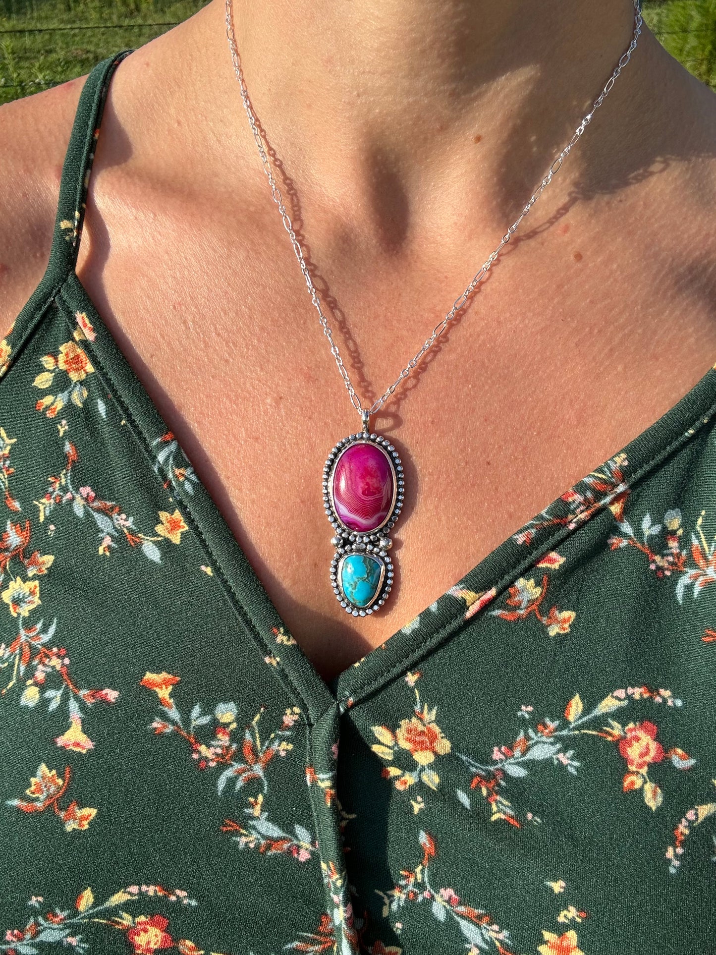 Pink agate and turquoise pendant