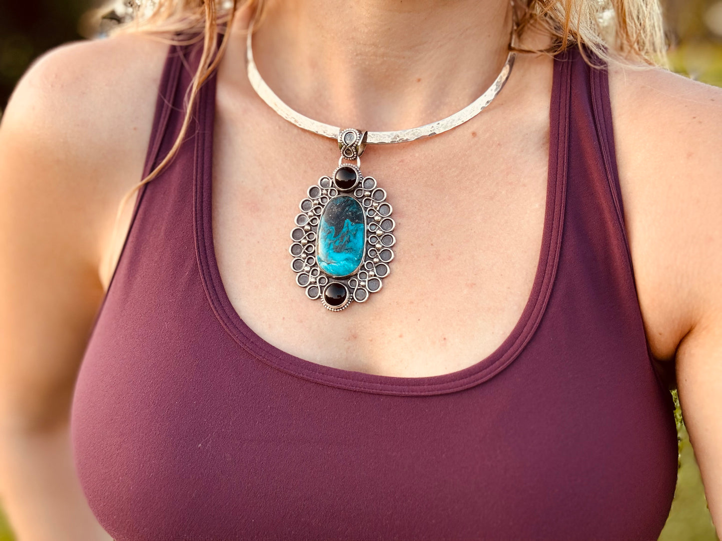 Blue Diamond Turquoise and Black Onyx Statement Pendant