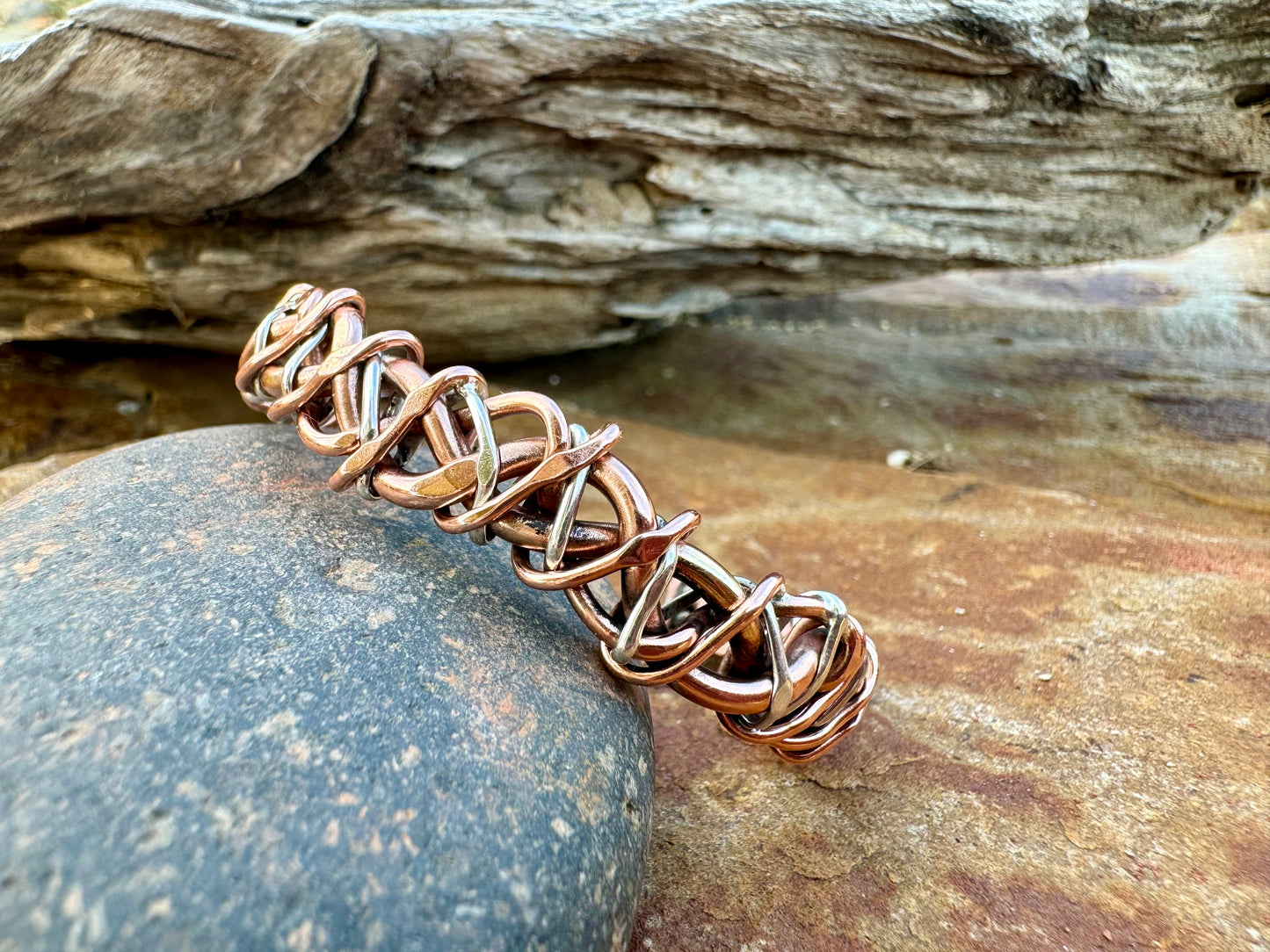 Twisted vines copper, sterling silver and brass cuff bracelet